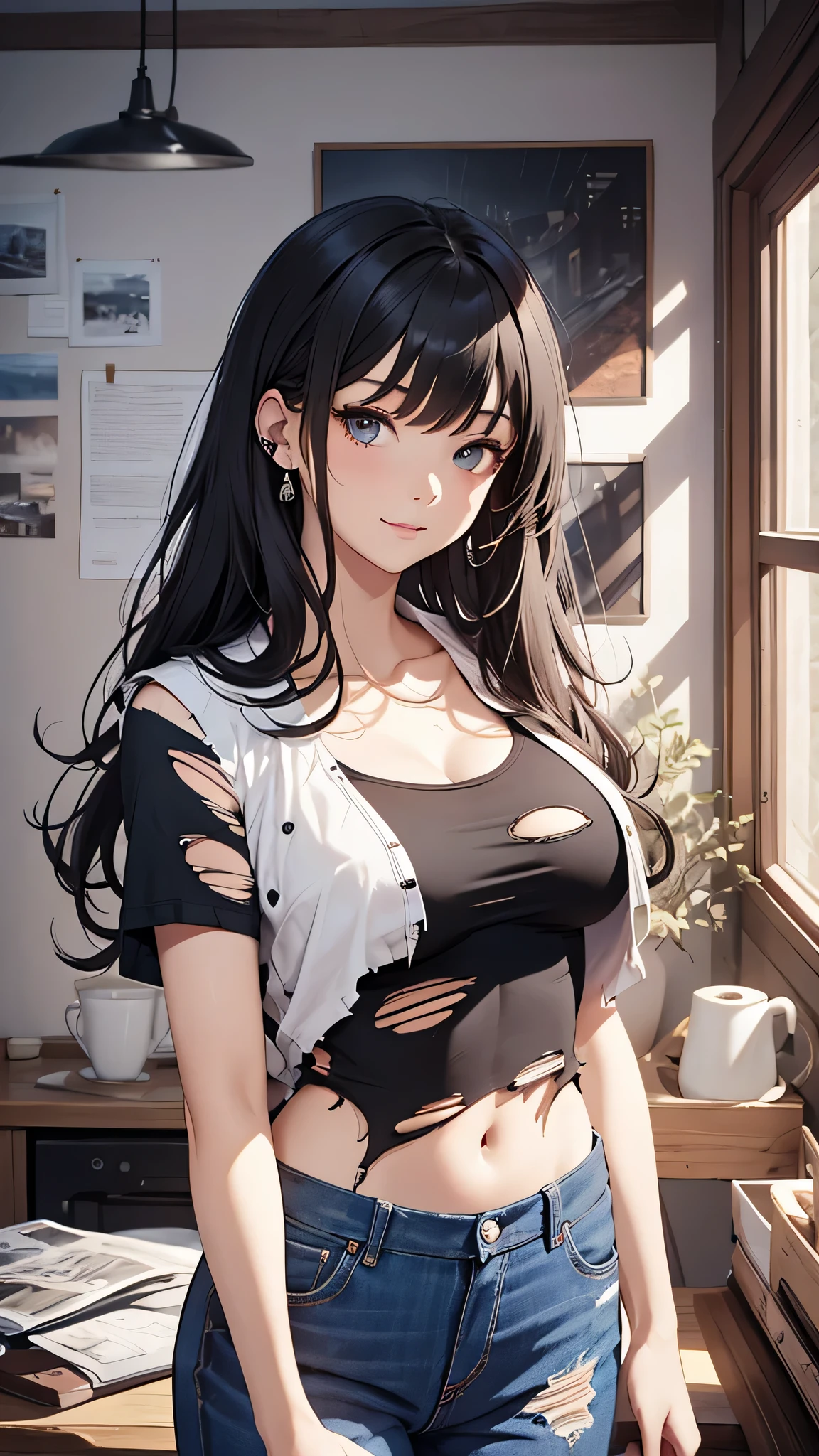 最high quality、best image quality、masterpiece、teenage girl((18-year-old、 By becoming、vest bust、medium bust,wide open breast tea、black eye, black hair、long hair、thin,highest valley、Torn black t-shirt(2:3)、cute smile,damaged pants(2:3)、Service Shots)),high quality、beautiful art、background((studio、white wall、tv set、)),debris flies、Depth of written boundary、movie、visual art、perfect art、8K,genuine
