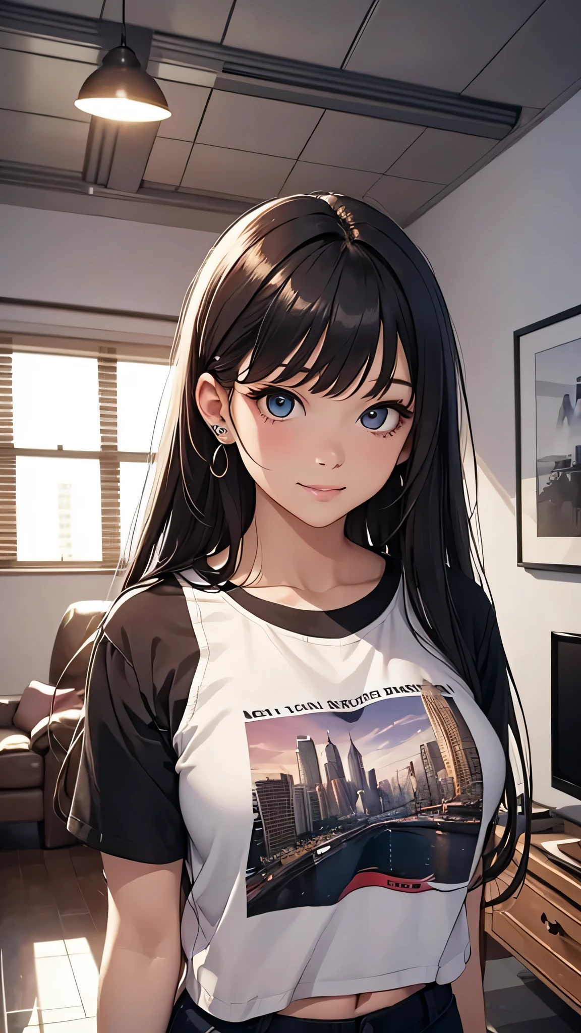 最high quality、best image quality、masterpiece、teenage girl((18-year-old、 By becoming、vest bust、medium bust,wide open breast tea、black eye, black hair、long hair、thin,highest valley、Torn black t-shirt(2:3)、cute smile,damaged pants(2:3)、Service Shots)),high quality、beautiful art、background((studio、white wall、tv set、)),debris flies、Depth of written boundary、movie、visual art、perfect art、8K,genuine