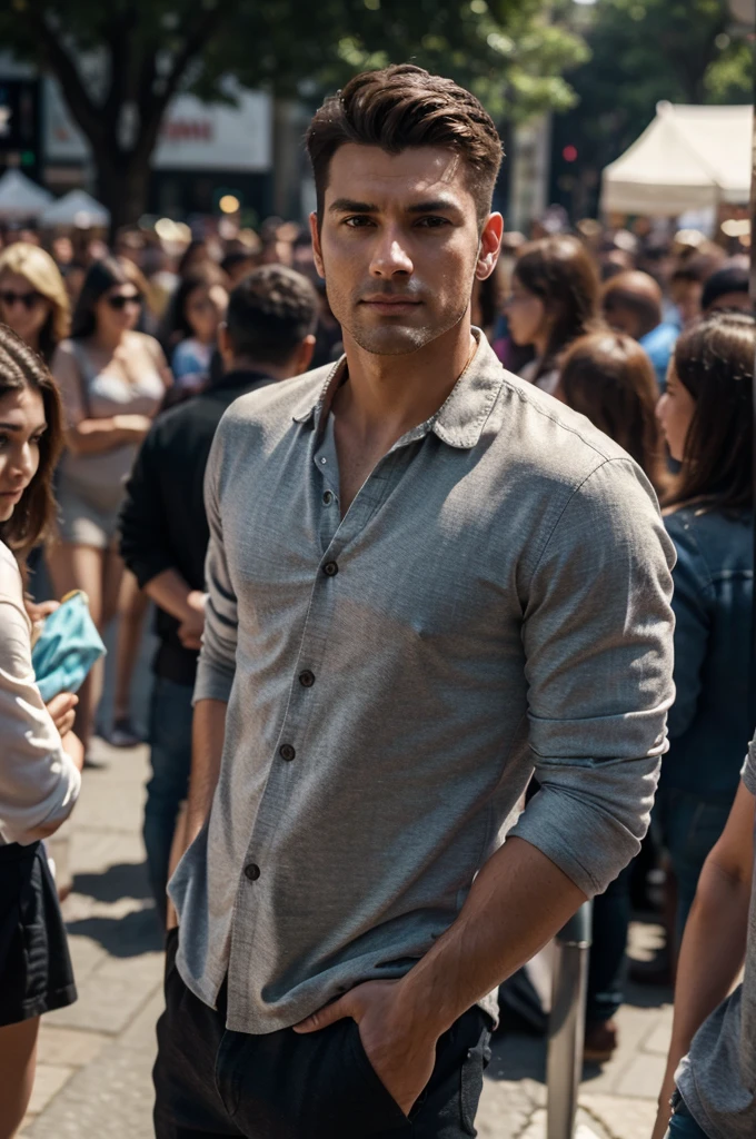 image of a man standing in a crowd of people, stylish pose, handsome man, 8k high quality, photo-realistic, depth of field, sharp focus, eye level shot, masterpiece, outdoor lighting