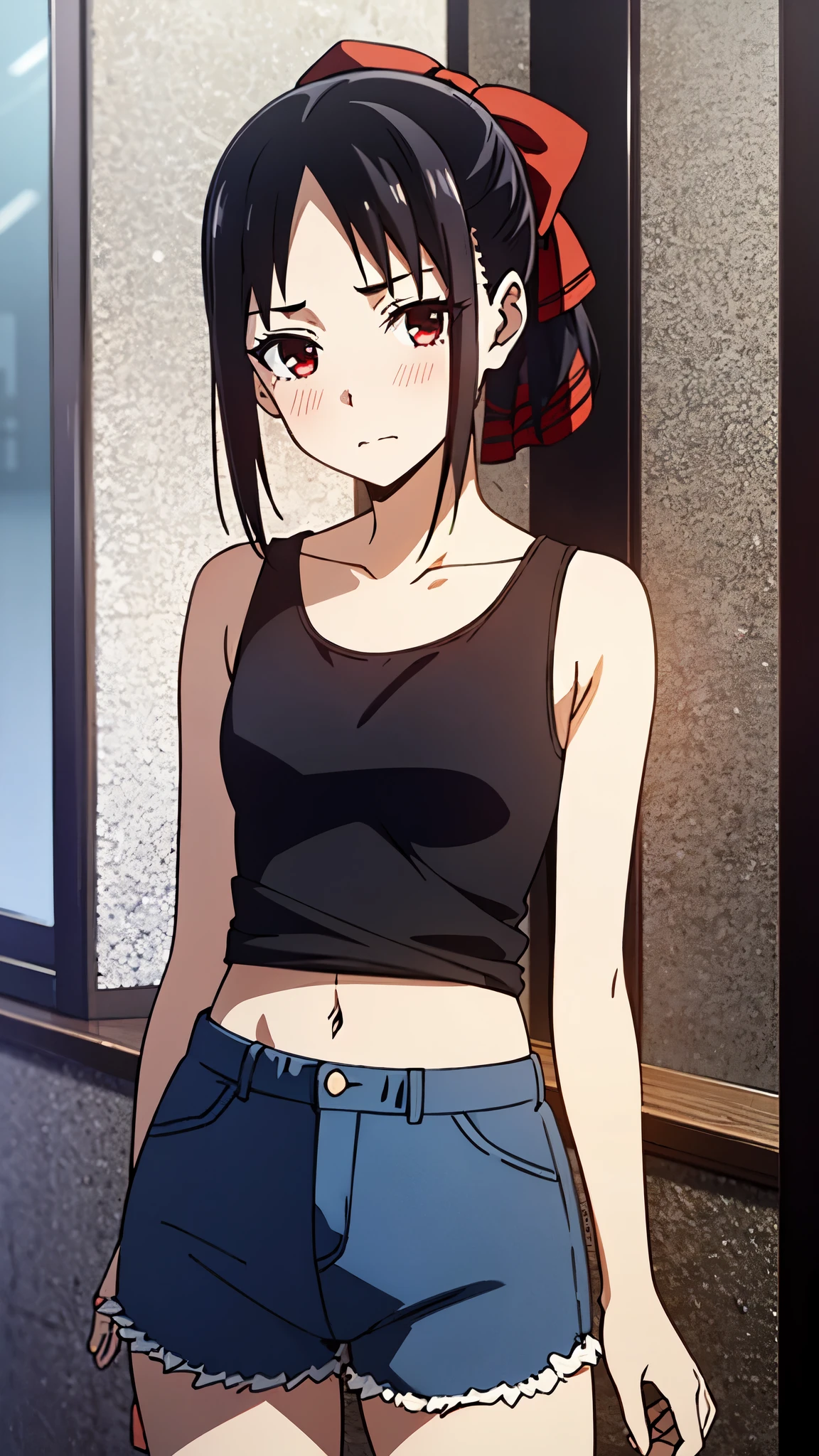 (highest quality:1.2), 8K resolution, (High resolution:1.2), 1 girl, embarrassed face, very fine eyes,small breasts、white skin,Clear blue sky,blush、(looking at the viewer)、model pose、cowboy shot、short hair、black hair、(highly detailed eyes)、(Tank top)、(shorts)、Navel、red ribbon,red eyes,red ribbon,hair ribbon,bangs,sidelocks,folded ponytail,black hair,parted bangs