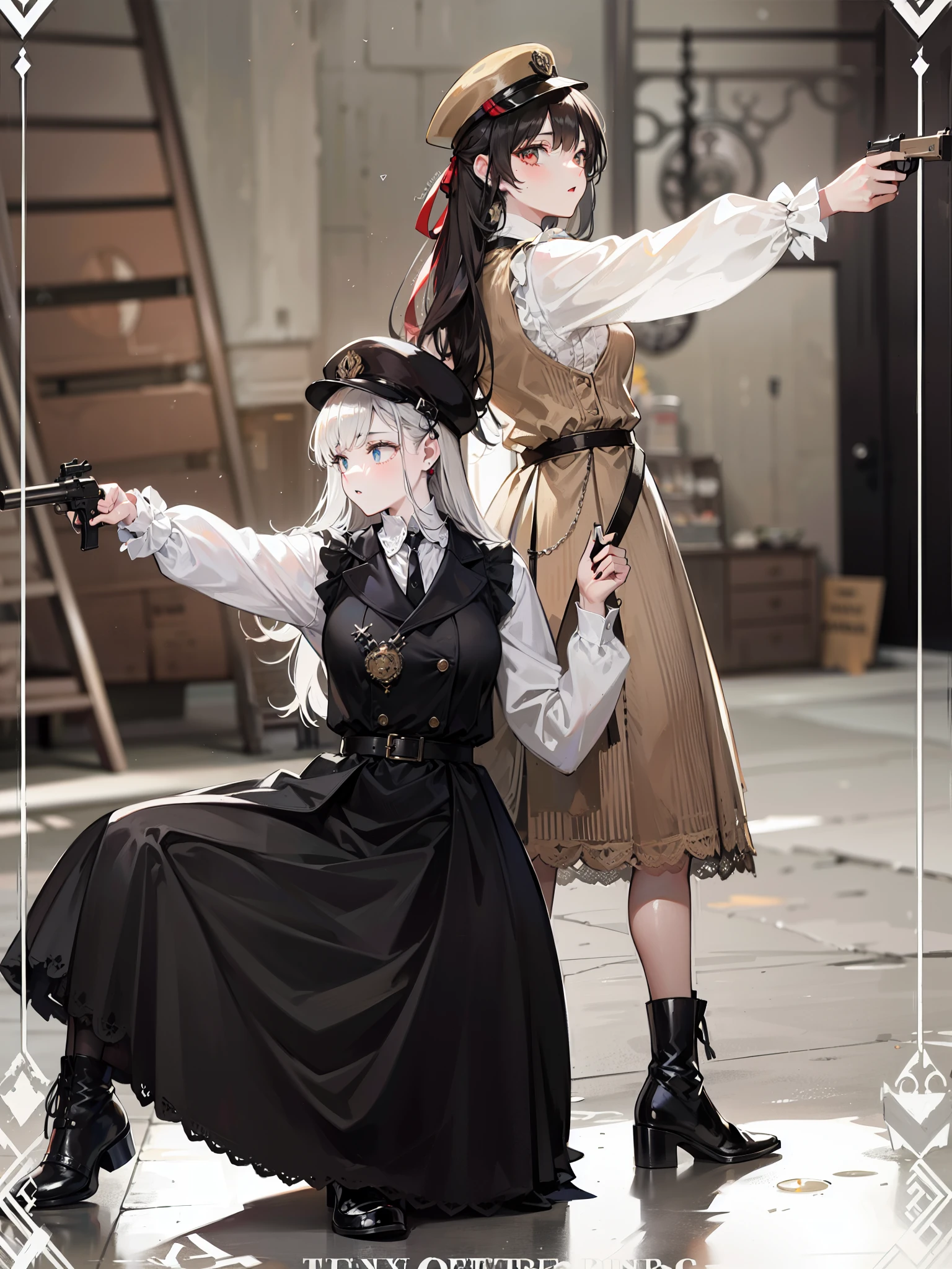 two women dressed in victorian clothing are holding guns in a courtyard, victorian style costume, victorian inspired clothing, both wearing victorian clothes, steampunk clothes, victorian gothic lolita fashion, girls frontline style, wearing modern gothic clothes, world war ii military style, wearing 1890s era clothes, 1 9 2 0 cloth style, dieselpunk style, fashionable rpg clothing