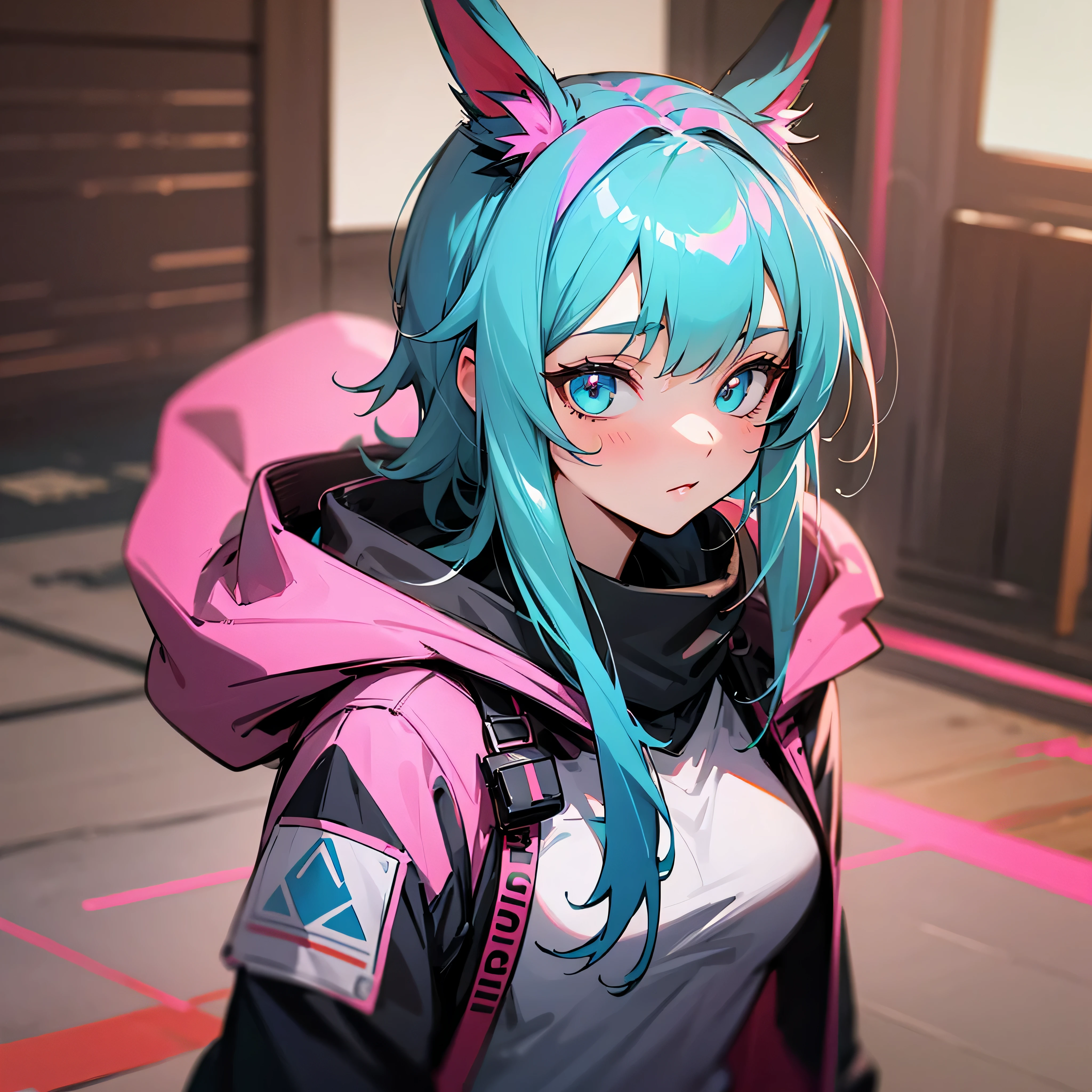 1 girls, jacket, outdoor, hoodie, open jacket, chain,cute, kawai, looking at another, trending on artstation, 8k resolution, highly detailed, anatomically correct, sharp image, digital painting, concept art, trending on pixiv ,pink and cyan and purple color clothes,glow in the eyes, monocromatic colors, black and white, attractive aspect, hot look, arknights looks, arknights anime, bunny ears, detailed anime eyes, simple background, full body