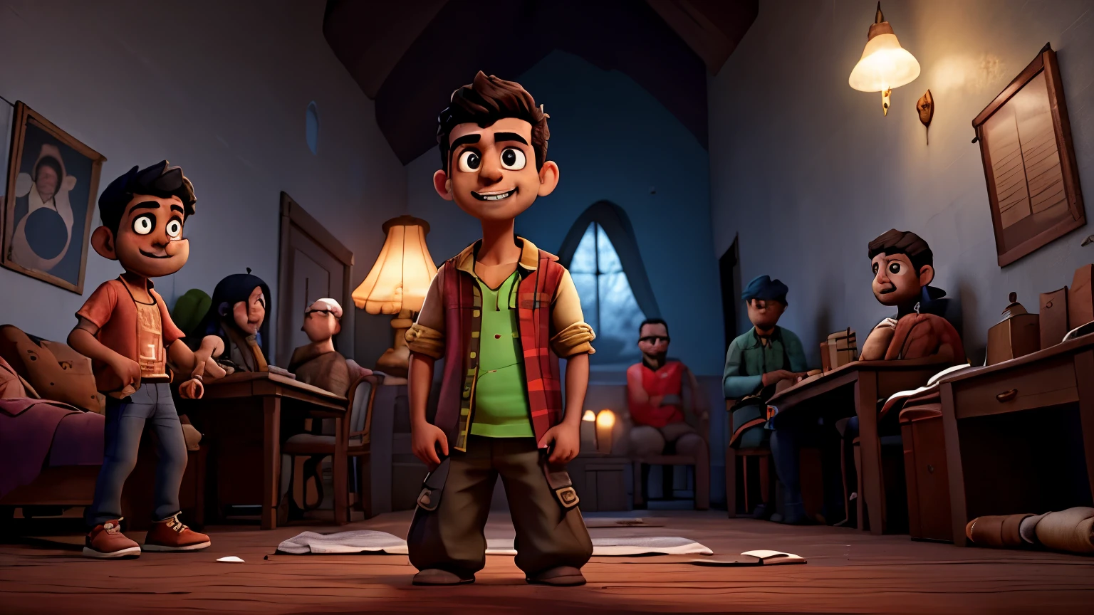 Image Prompt: Rahul, the bravest among them, challenges his friends to spend the night in the eerie mansion, claiming he'll mock them if they get scared.