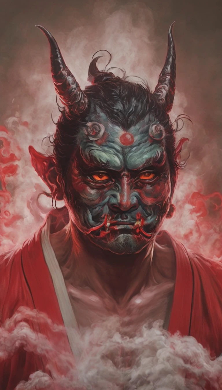 a man with japan Demons face, Ancient Japan style, Realism, Realistic Details, Mysterious, Mysterious, 8k Resolution, Stunning Visuals, ultra-detailed, full body, photo realistic, smoke around