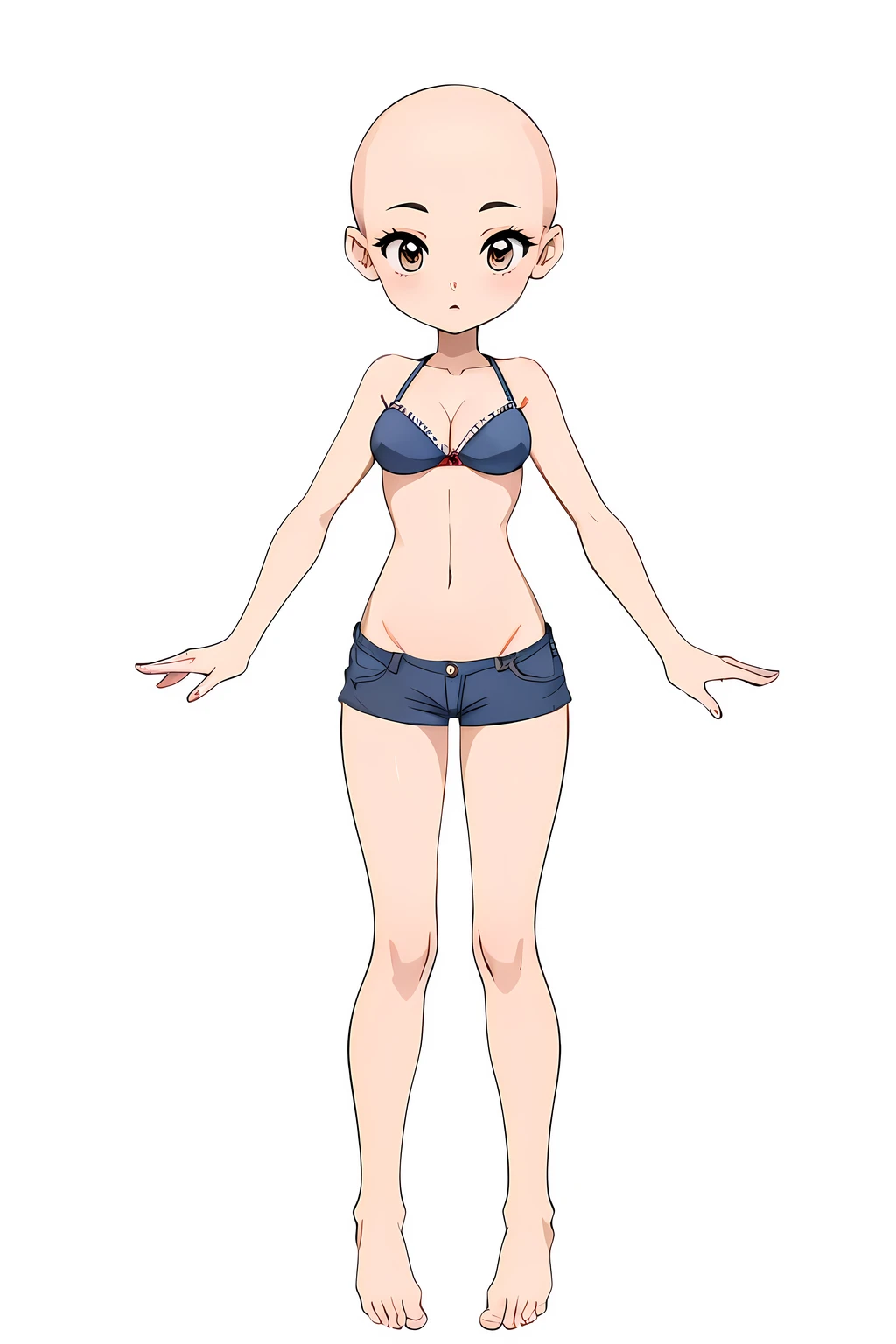 masterpiace, best quality, high resolution, highly detailed, girl in bikini, long legs, big boobs in bra, bare feet, bald head, long fingers, full body. white background