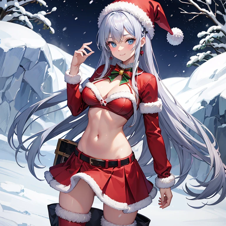 anime girl, 1 person,silvery hair, blue eyes, santa hat, santa shirt, santa suit, Christmas suit,skirt、the navel is exposed、exposed abdominal skin、サンタskirt、winter suit, color winter dress red, D cup breasts, Long boots, standing cross-legged, smile shyly, blush, cold winter, it's snowing, suitable for Christmas gifts, Christmas, alone(Full HD 4K+ image)