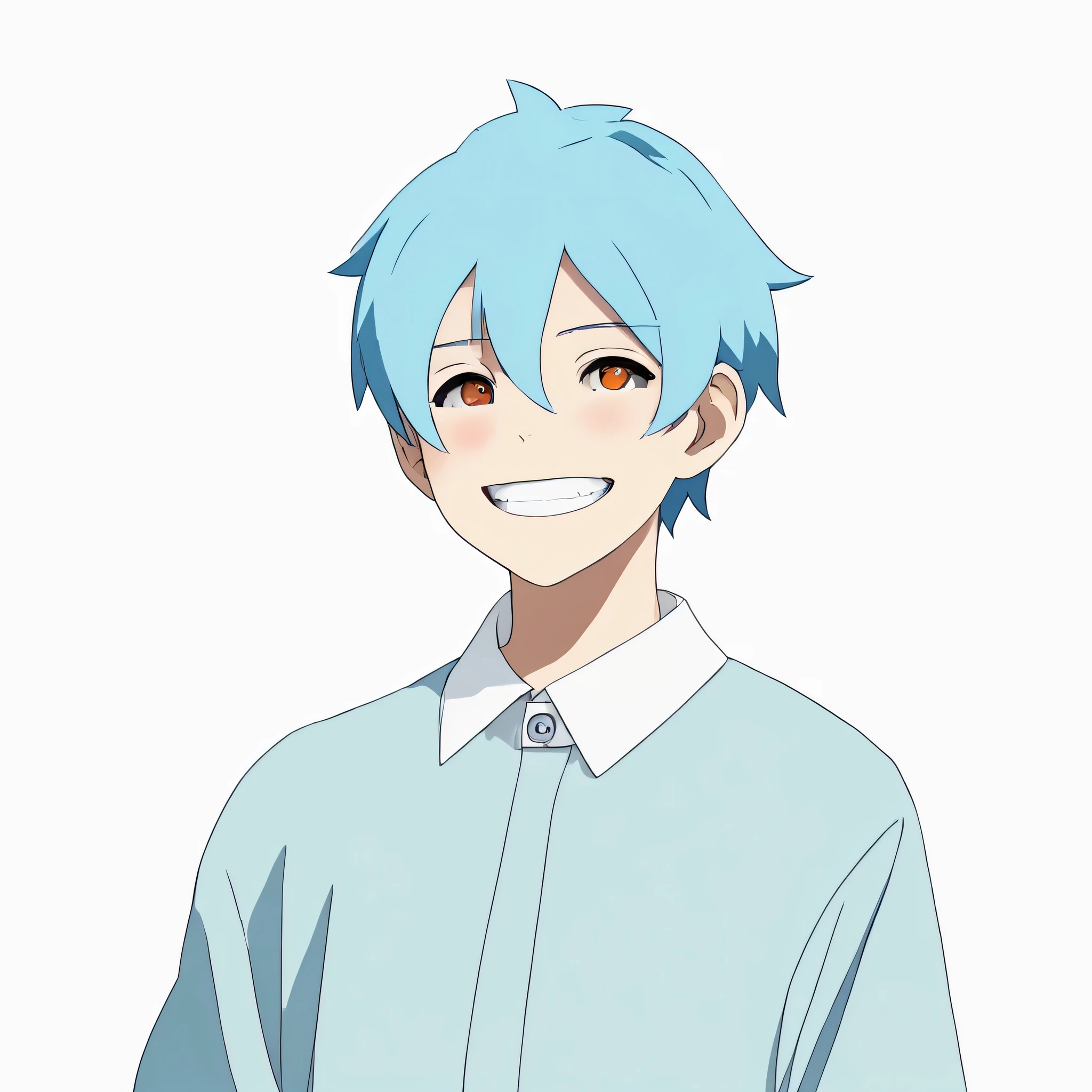 A boy transformed into anime style、light blue hair、jet black eyes、とてもsmile、Mujaki、I'm having fun、Exaggerated and unique facial features and clothing、high contrast colors、4K high image quality、smile、