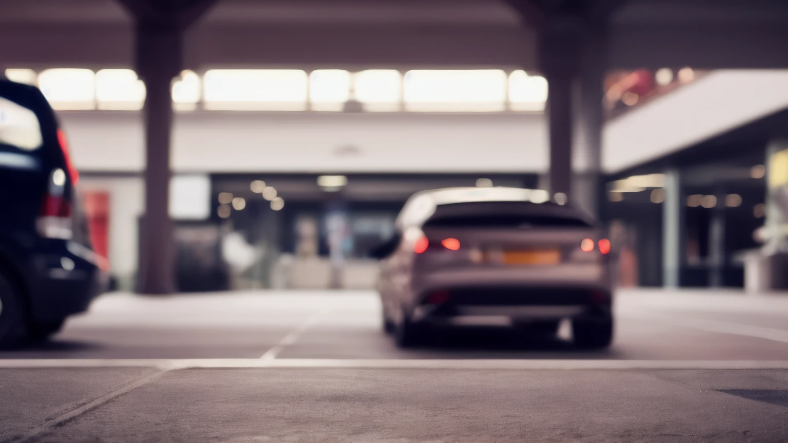 Abstract blurred cars parked in parking lot of shopping mall. Defocused background or backdrop for industrial and transportation concepts