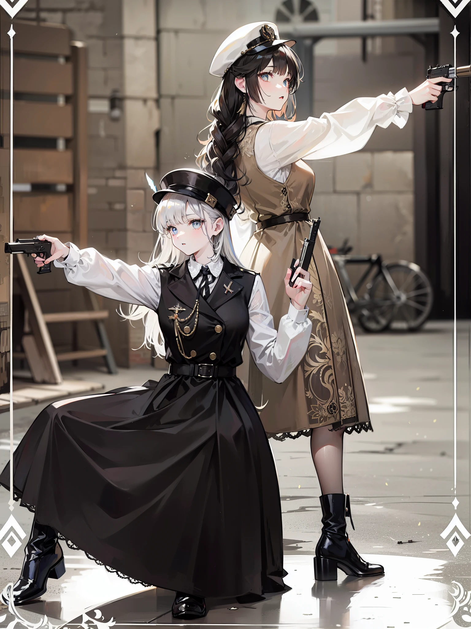 two women dressed in victorian clothing are holding guns in a courtyard, victorian style costume, victorian inspired clothing, both wearing victorian clothes, steampunk clothes, victorian gothic lolita fashion, girls frontline style, wearing modern gothic clothes, world war ii military style, wearing 1890s era clothes, 1 9 2 0 cloth style, dieselpunk style, fashionable rpg clothing