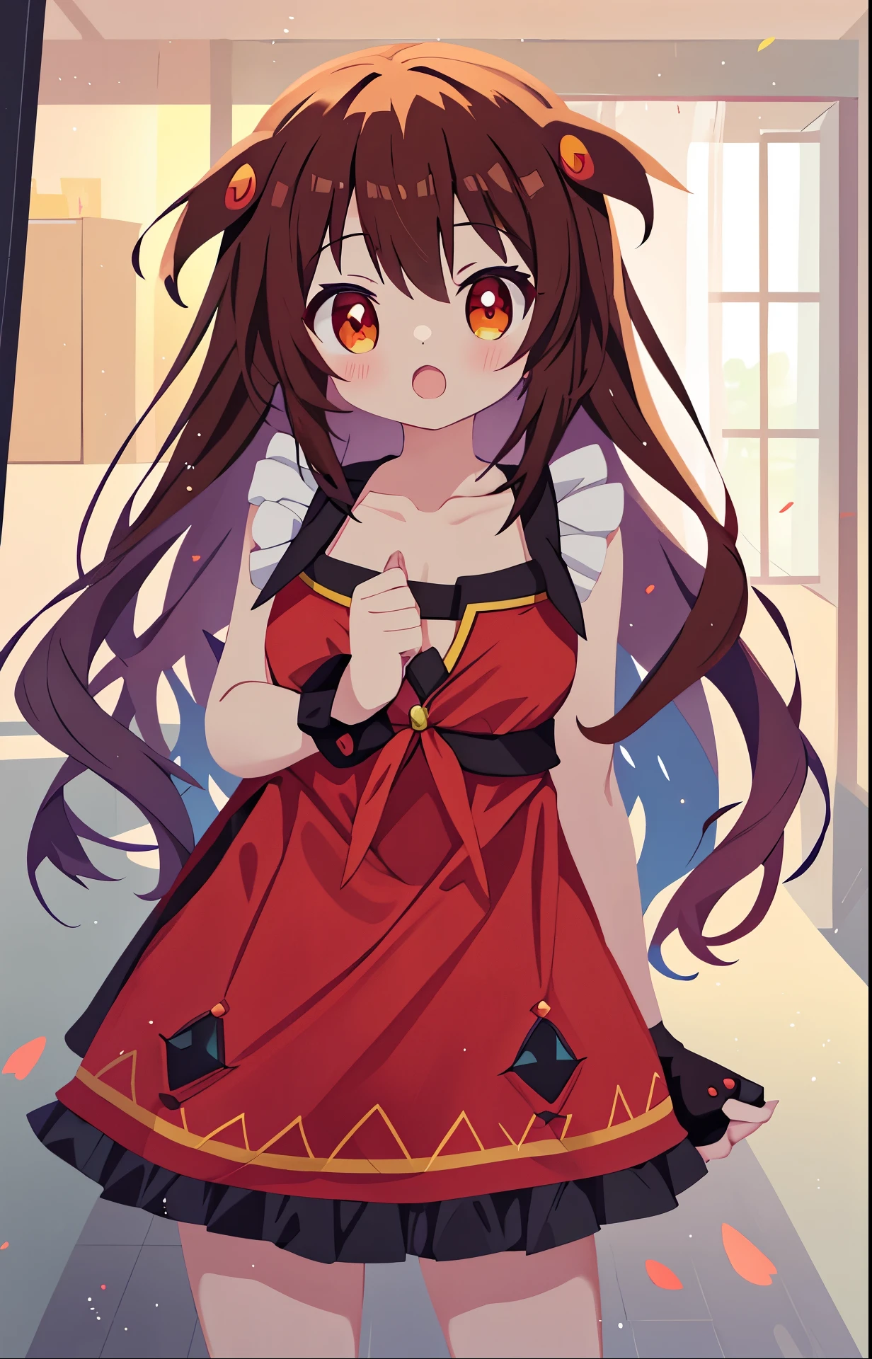 Garota anime (Megumin) com curtos cabelos castanhos e olhos vermelhos,White girl with cat ears and exposed collarbone on her chest, Use uma roupa de empregada branca de manga curta