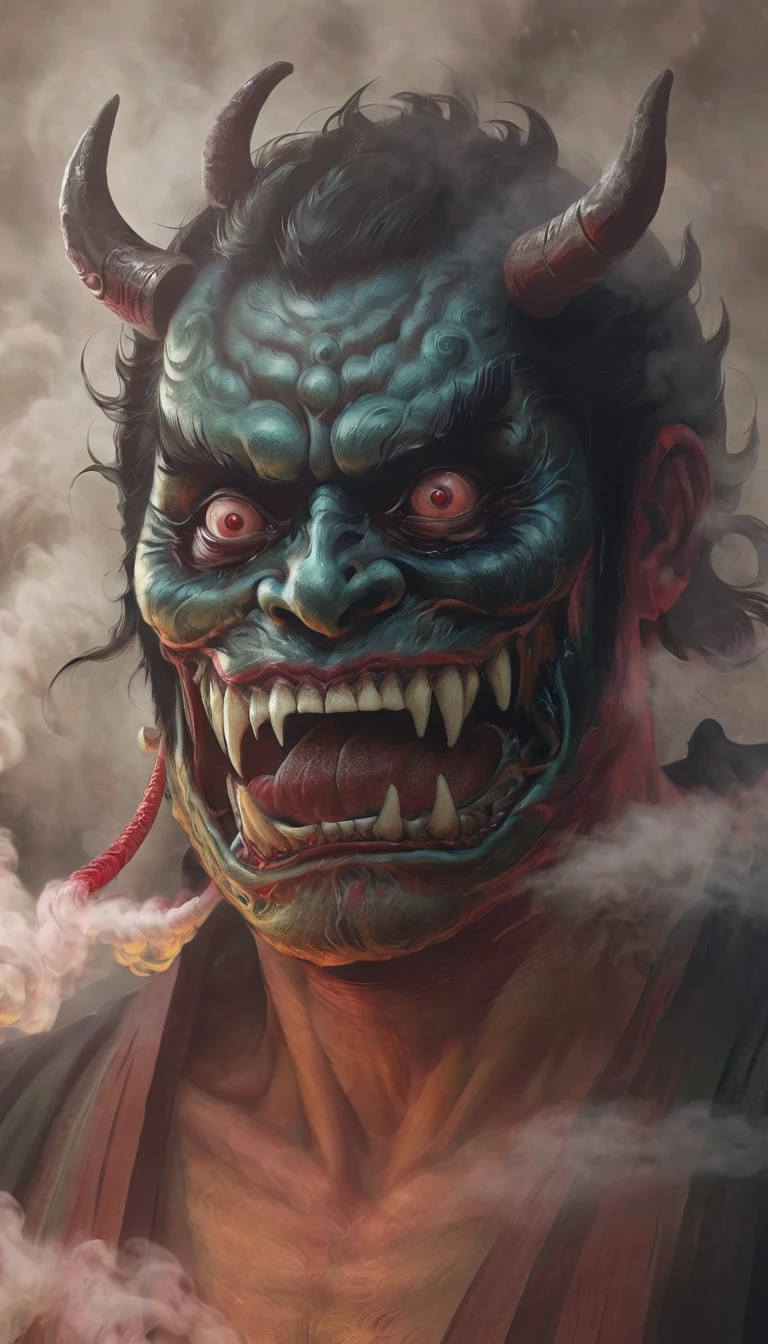 a man with japan Demons face, Ancient Japan style, Realism, Realistic Details, Mysterious, Mysterious, 8k Resolution, Stunning Visuals, ultra-detailed, full body, photo realistic, smoke around, mechanical
