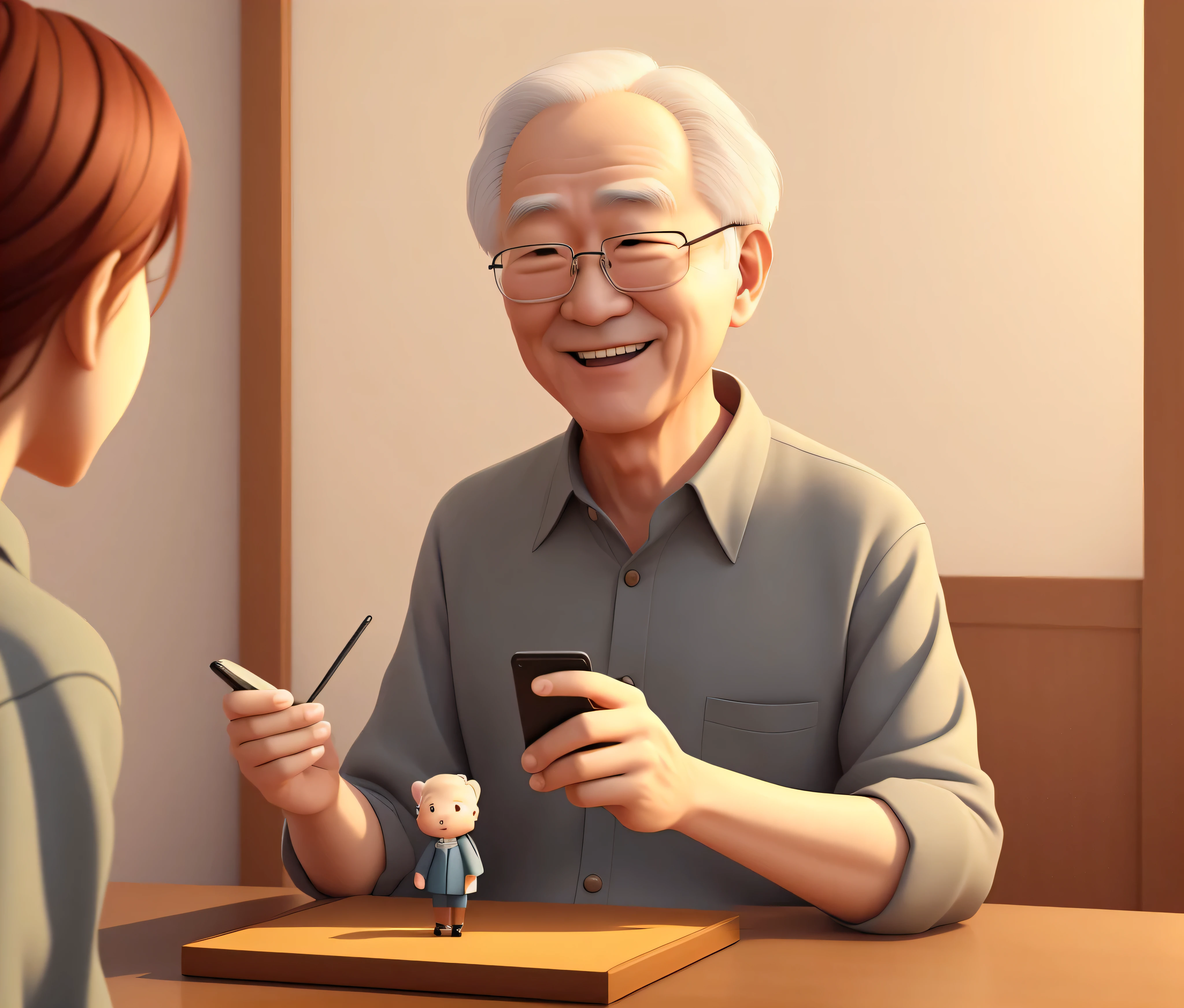 A scene of a grandfather looking at the table, Digital cartoon art, grandpa cartoon figures, high quality portraits, Digital animation illustration, She holds a smartphone, Lofi portrait, Inspired by Kim Chung Hee, 3d rendering senior artist, Inspired by Yao Tingmei, elegant digital art, Inspired by Ma Yuanyu,Bias towards realism,Spring Festival style,laughing out loud,hands open,hands open拥抱