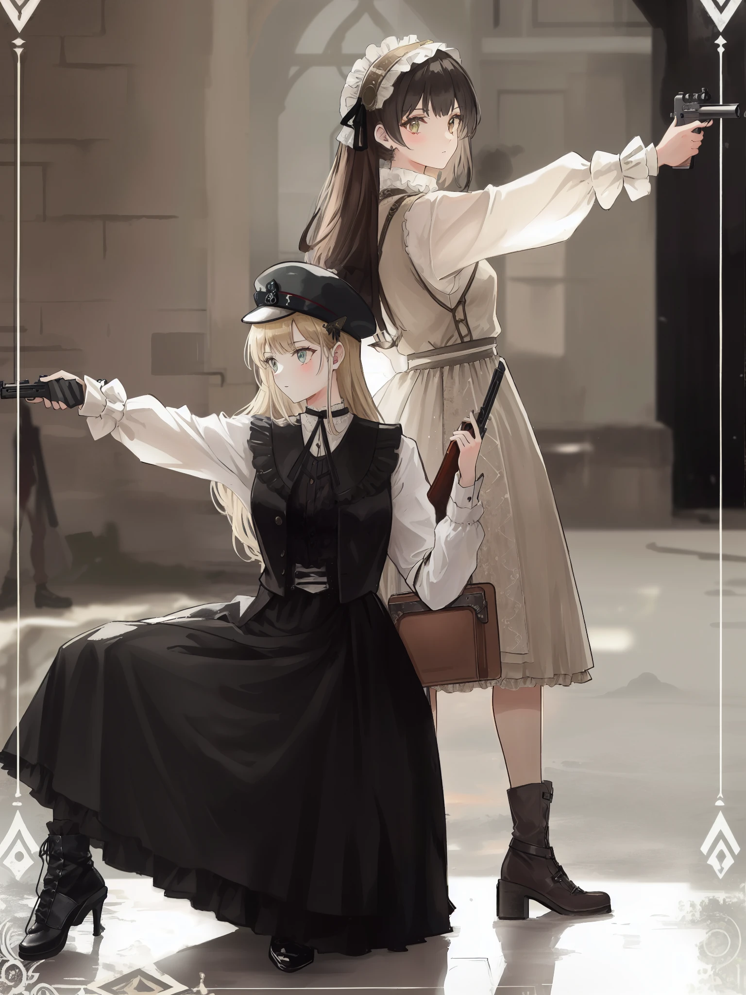 two women dressed in victorian clothing are holding guns in a courtyard, victorian style costume, victorian inspired clothing, both wearing victorian clothes, steampunk clothes, victorian gothic ta fashion, girls frontline style, wearing modern gothic clothes, world war ii military style, wearing 1890s era clothes, 1 9 2 0 cloth style, fashionable rpg clothing, dieselpunk style