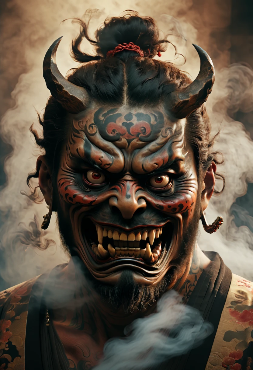 a man with japan Demons face, Ancient Japan style, Realism, Realistic Details, Mysterious, Mysterious, 8k Resolution, Stunning Visuals, ultra-detailed, full body, photo realistic, smoke around, mechanical