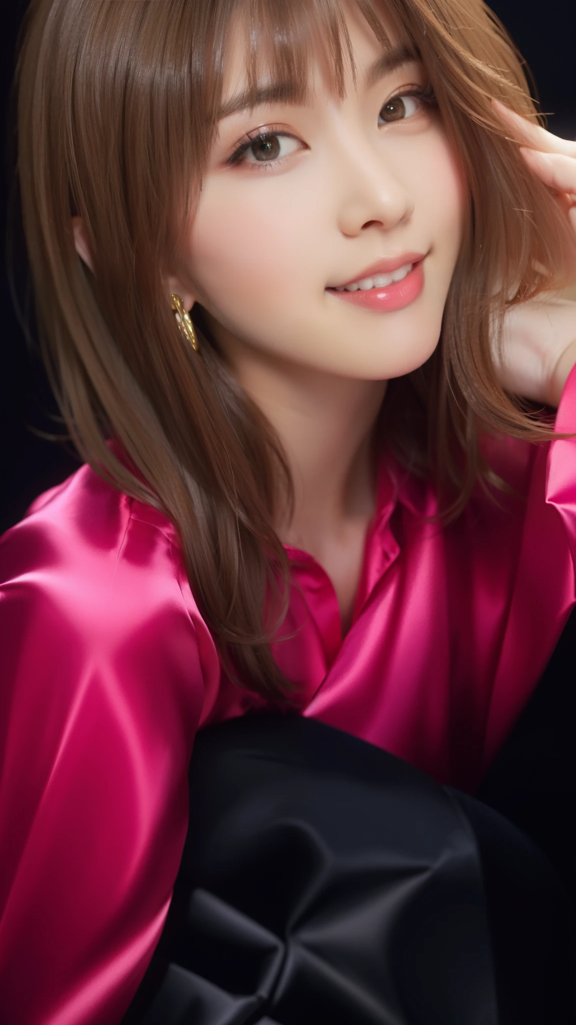 Photo taken by a professional photographer，8K, table top, RAW photo, highest quality, realistic, Highly detailed CG Unity 8K wallpaper, Depth of bounds written, cinematic light, Lens flare, ray tracing, (very beautiful face, beautiful lips, beautiful eyes), face with intricate details, ((super dense skin)) 1 girl, in the dark, deep shadow, cute korean girl, Flashy makeup with red eyeshadow，her shortcut, Delicate light brown hair is slightly disheveled with side waves.，wearing large ring earrings，K-POP idol, 1 girl, (very slim and slender fit muscular body:1.3), ((looking at the viewer)),(big smile:1.3), (magenta and black blouse), (sleeve fashion city night, dark night, (neon sign), (blurred background), fashion street night),(no people in the background:1.3), beautiful earrings, bracelet, necklace, pantyhose, clear eyes, walk, (white skin), (big eye ace forward, ((upper body shot)), ((silk color dresses:1.3)),(brown hair),((tight fit lace dress)), (See through), (looking at the viewer:1.3) open chest, very slim, medium breasts, backtracking,((buckshot)), See through, Medium Butt, mini skirt, updo hair, ((spread the thighs))