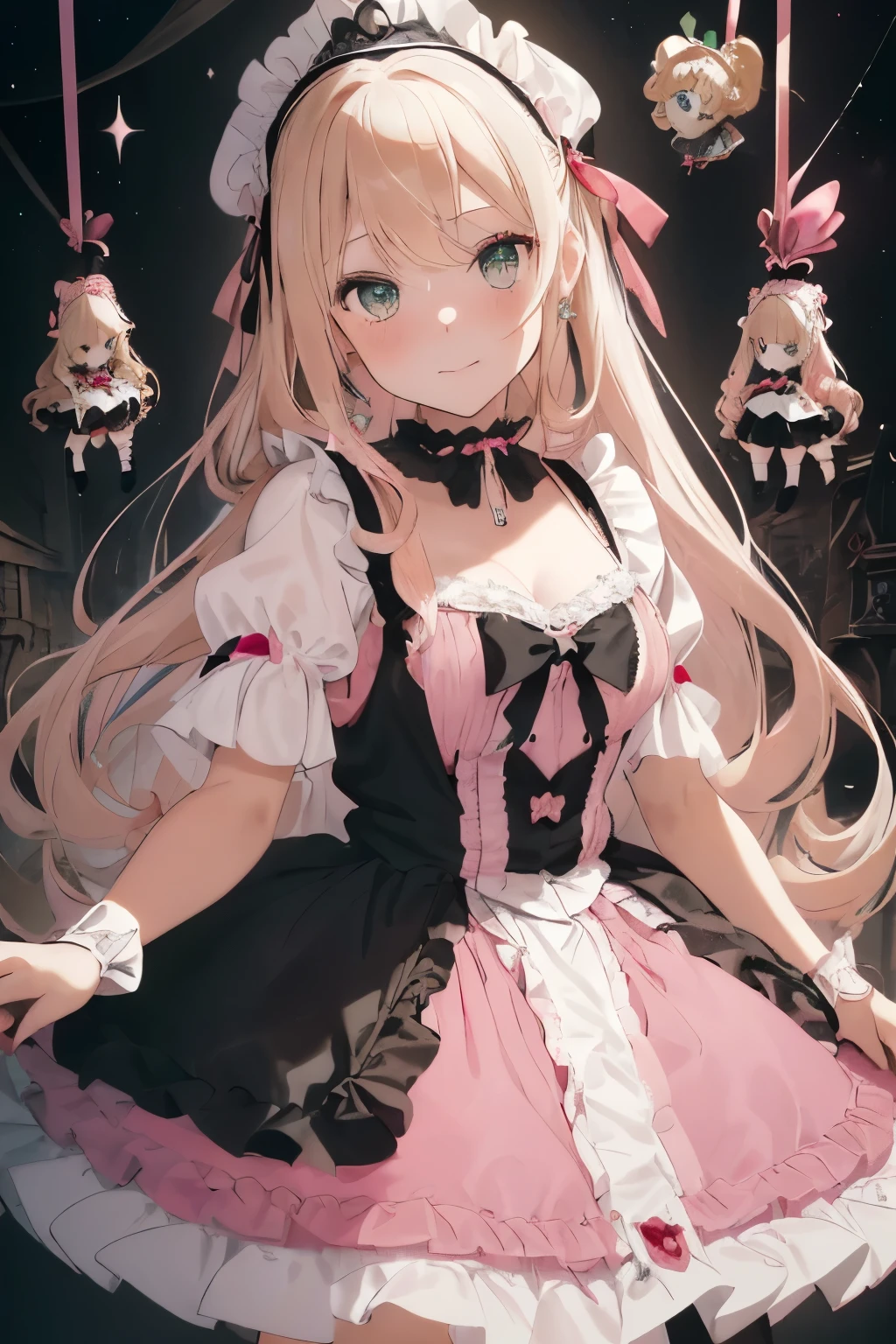 (Puppets:1.5),(marionette:1.4),girl,(blonde:1.3),(long hair with curls:1.35),(green eyes:1.45),(A gorgeous dress like a French doll:1.5),(Princess-like clothes with lots of frills and lace:1.45),(Calamity like darkness々dark space:1.45),(jewelry and ribbon ornaments and accessories:1.35),(Puppetsが部屋にたくさん:1.5),(pink and black and white and red:1.4),
