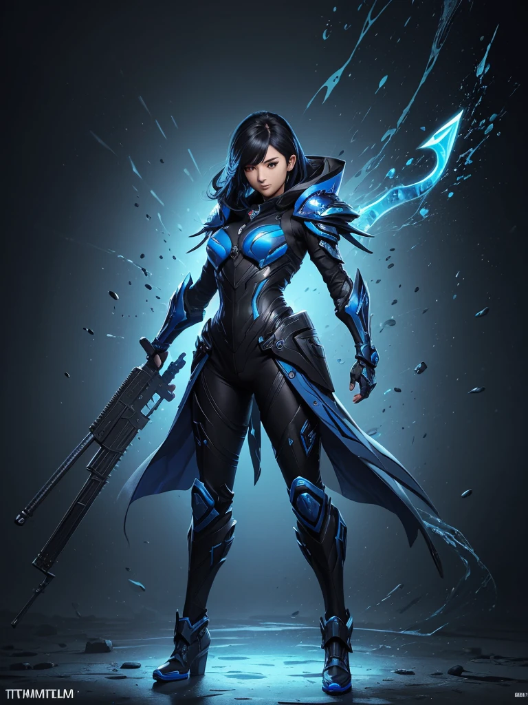 (best quality, vibrant colors), (design detailed), (weapon detailed, full body weapon detailed), (skin titanium black, weapon blue), (skin weapon game detailed), (splash art) weapon evolution, weapon unique features,