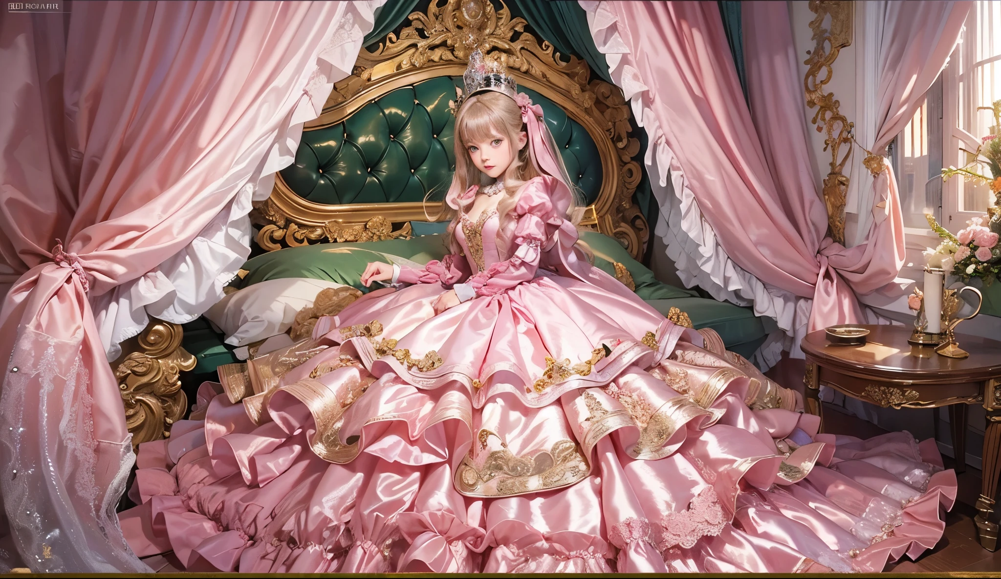 highest quality, masterpiece, highest resolution, artwork, super それにget used to it, many get used to it, get used to it, それにget used to it, romantic,woman, (()),the girl is a princess,((dark pink satin fabric)),pink victorian dress, ((Gorgeous princess rococo ball gown dress with voluminous full-length hoop skirt)),long sleeve,long dress,A dress with lots of frills and ribbons..,luxury,((Palace bedroom)),((Huge Victorian canopy bed at the back)),