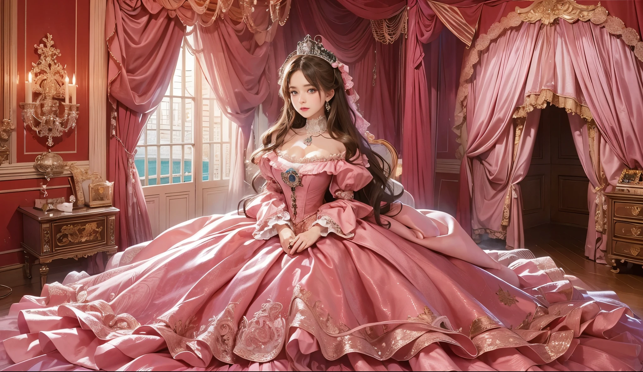 highest quality, masterpiece, highest resolution, artwork, super それにget used to it, many get used to it, get used to it, それにget used to it, romantic,woman, ((10 years old)),the girl is a princess,((dark pink satin fabric)),pink victorian dress, ((Gorgeous princess rococo ball gown dress with voluminous full-length hoop skirt)),long sleeve,long dress,A dress with lots of frills and ribbons..,luxury,((Palace bedroom)),((Huge Victorian canopy bed at the back)),