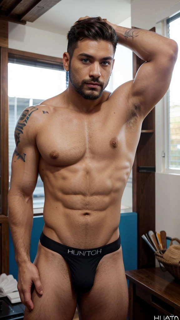 Male, brunette, muscular, blue eyes, light skin, small beard, hunter eyes, Mexican, few tattoos, sexy black underwear