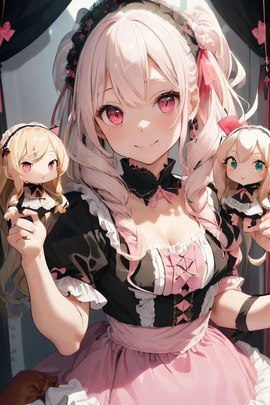 (Puppets:1.5),(marionette:1.4),girl,(blonde:1.3),(long hair with curls:1.35),(green eyes:1.45),(A gorgeous dress like a French doll:1.5),(Princess-like clothes with lots of frills and lace:1.45),(Calamity like darkness々dark space:1.45),(jewelry and ribbon ornaments and accessories:1.35),(Puppetsが部屋にたくさん:1.5),(pink and black and white and red:1.4),(fearless smile:1.25),
