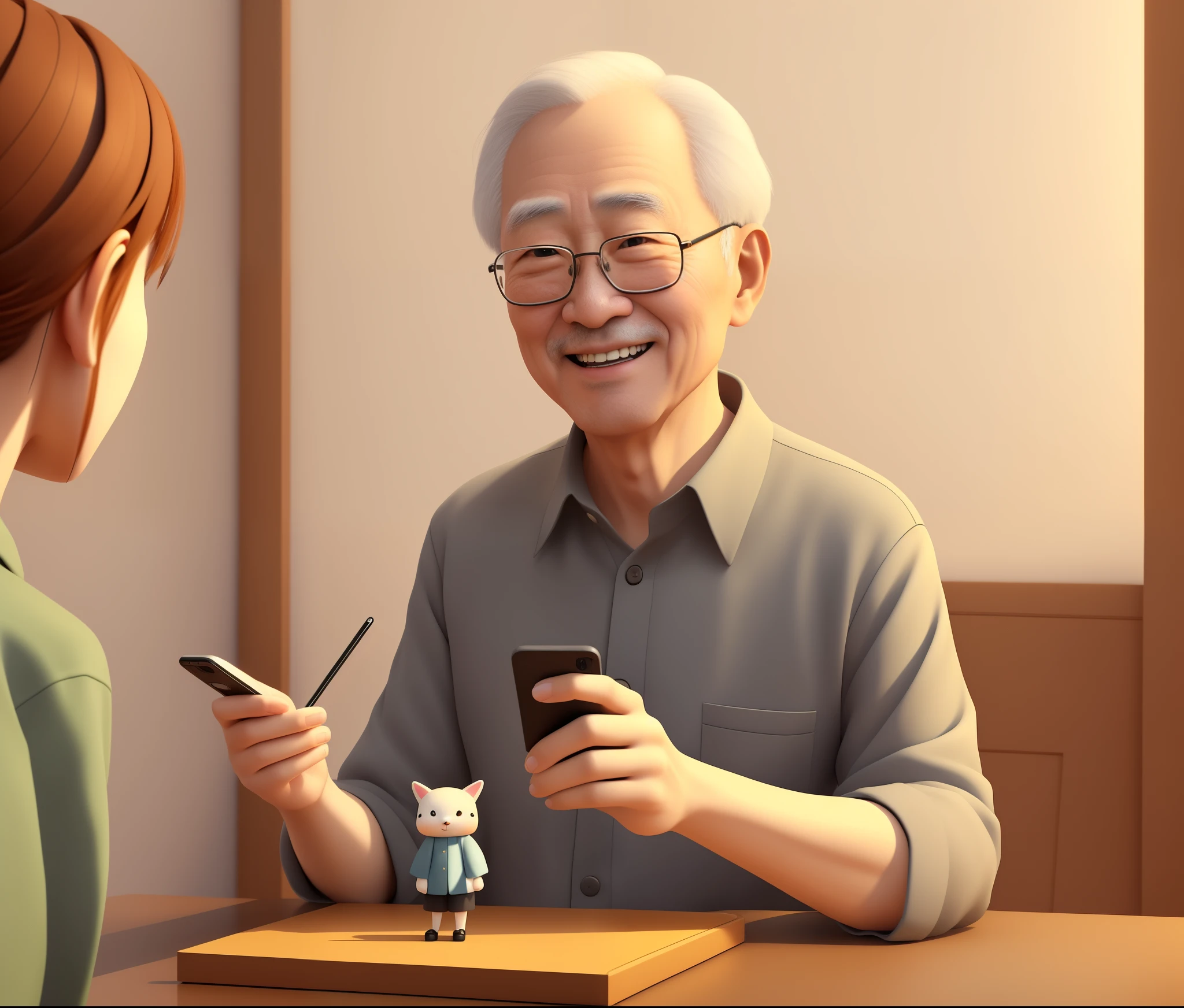 A scene of a grandfather looking at the table, Digital cartoon art, grandpa cartoon figures, high quality portraits, Digital animation illustration, She holds a smartphone, Lofi portrait, Inspired by Kim Chung Hee, 3d rendering senior artist, Inspired by Yao Tingmei, elegant digital art, Inspired by Ma Yuanyu，Bias towards realism，Spring Festival style，laughing out loud，hands open，hands open拥抱