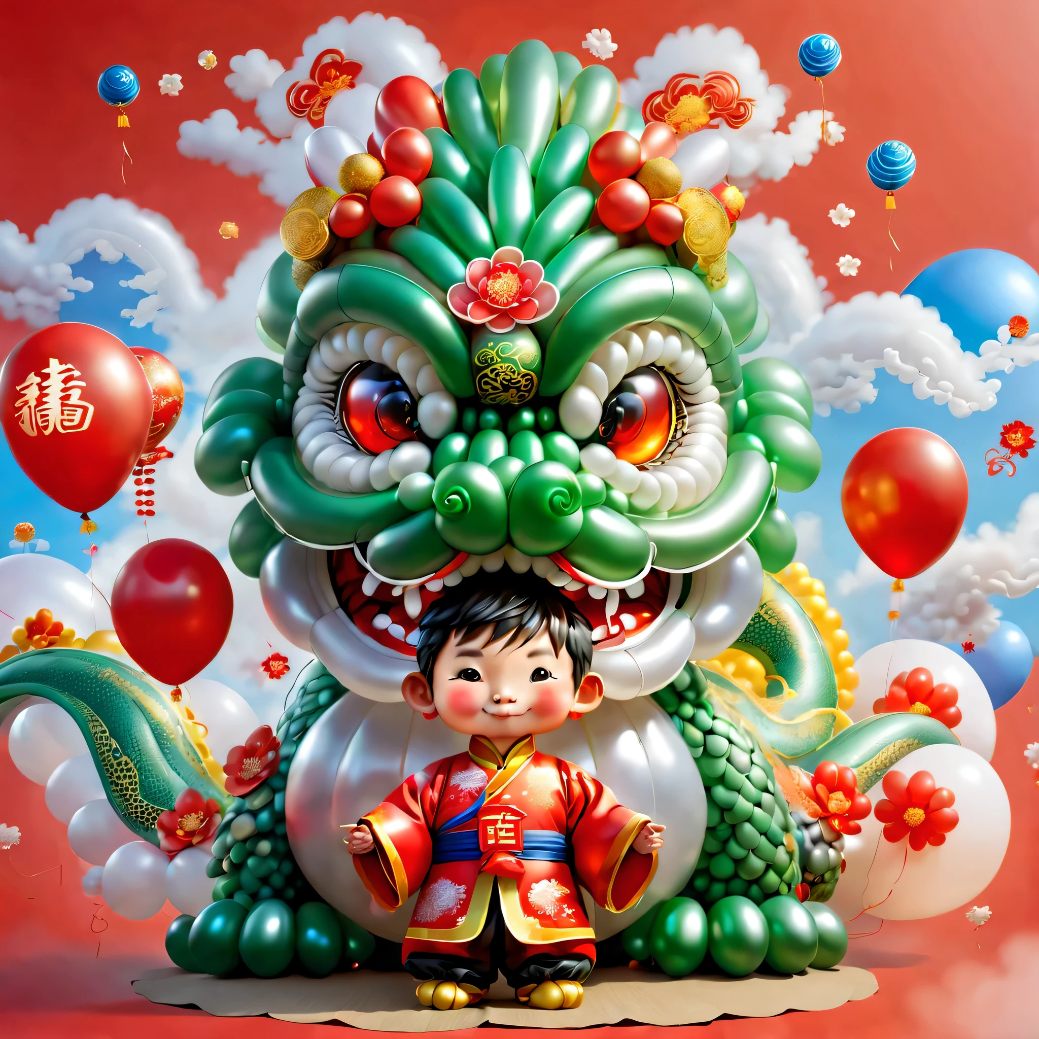 ((1 cute and festive Chinese dragon made of balloons and a made of balloons, wearing traditional Chinese clothes made of balloons, Spring Festival, firecrackers, auspicious clouds, red background)), Cute and detailed digital art, lovely digital painting, Cute balloon penguin, Lovely detailed artwork, ((Cute vector illustration)), digital painting very detailed, Cute and colorful, adolable, Highly detailed digital artwork, Detailed and colorful