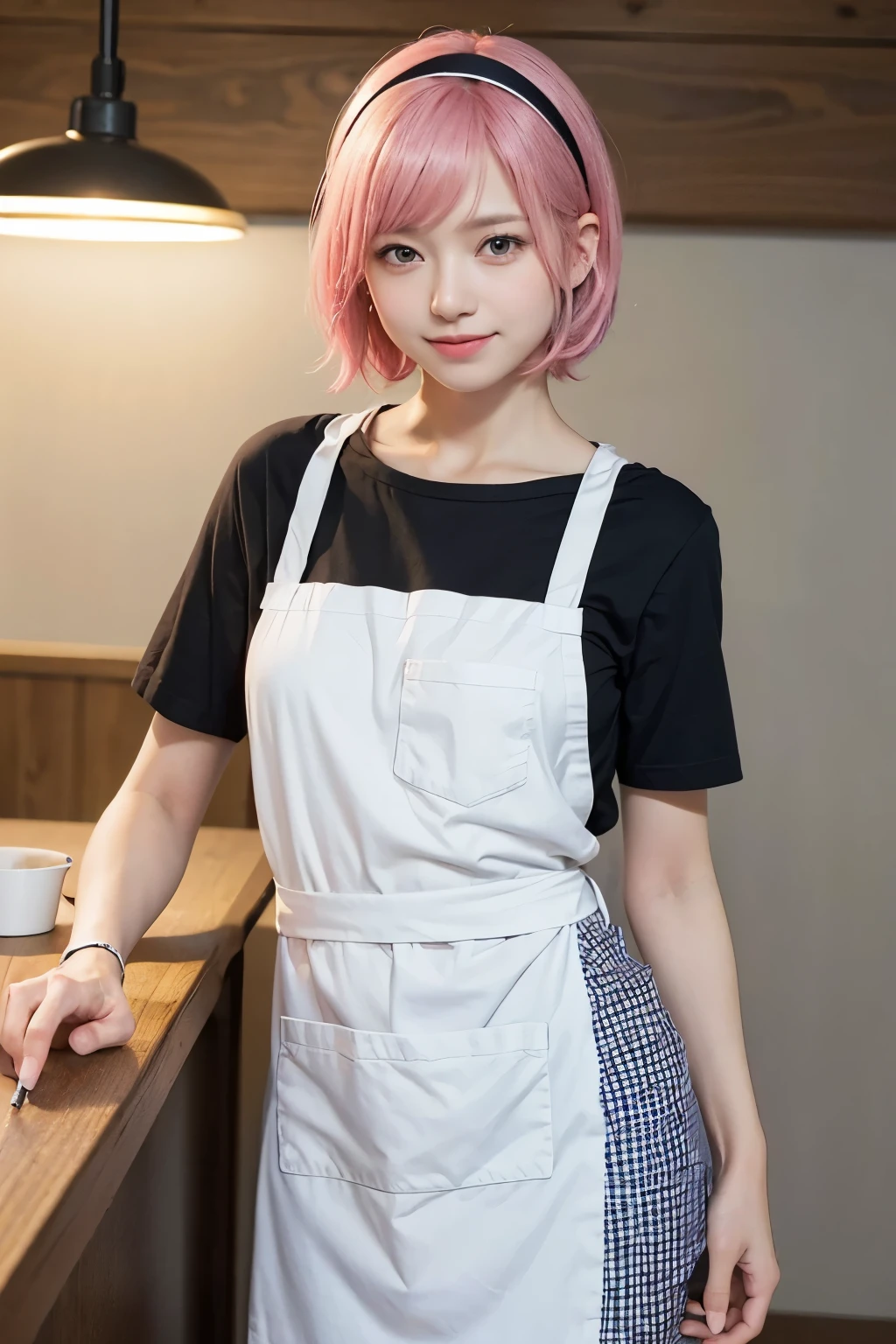 (8K, top-quality, masterpiece:1,2), (reallistic, Photorealsitic:1.37), Super Detail, One girl,), (Highly detailed), (beautifully detailed eyes), (of the highest quality), (super detailed ), (masterpiece), (Detailed face),20yr old, ,1 girl, ((pink hair,Very short hair)), medium breasts, clothed, Perfect Lighting, (black apron:1.3), (white T-shirt:1.2), (red check shirt:1.4), (denim jeans:1.2), (casual and easy to move:1.3), (rolled up sleeves:1.2), (pen and order sheet in apron pocket:1.3), (white socks:1.2), (black sneakers:1.2), (small accessories like hairband:1.2), BREAK bangs on left side, right side tucked behind ear, red check hairband, smiling, eyes looking at camera, mouth slightly open, friendly, left hand in apron pocket, right hand holding pen and order sheet, right shoulder slightly raised, head tilted, casual and easy to move, medium shot, chest up, standing behind counter, ramen shop, tools like pot, ladle, seasoning visible, menu and poster on wall, light from ceiling, soft and warm light, face illuminated, background slightly dark, subject stands out