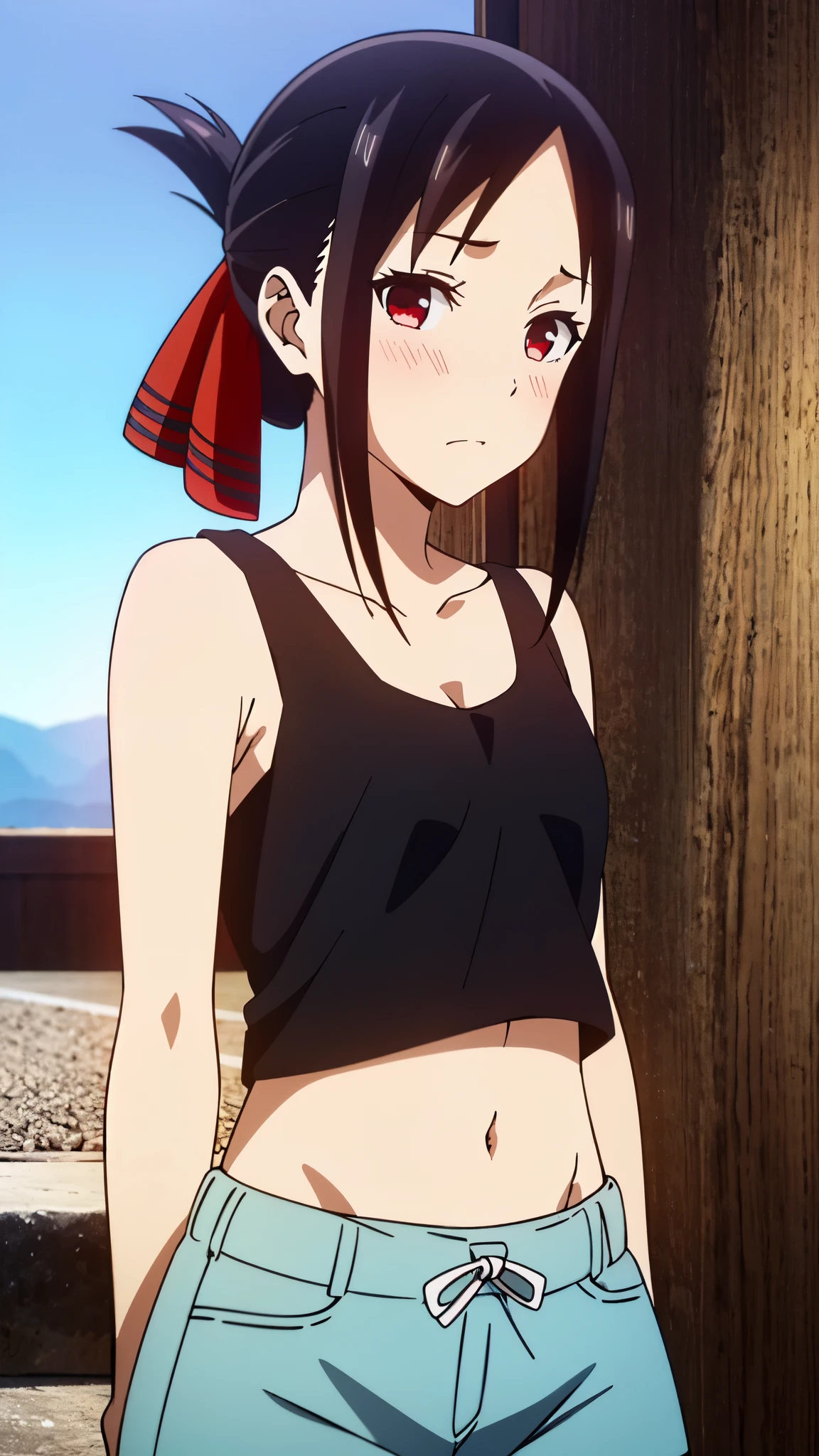 (highest quality:1.2), 8K resolution, (High resolution:1.2), 1 girl, embarrassed face, very fine eyes,small breasts、white skin,Clear blue sky,blush、(looking at the viewer)、model pose、cowboy shot、short hair、black hair、(highly detailed eyes)、(Tank top)、(shorts)、Navel、red ribbon,red eyes,red ribbon,hair ribbon,bangs,sidelocks,folded ponytail,black hair,parted bangs