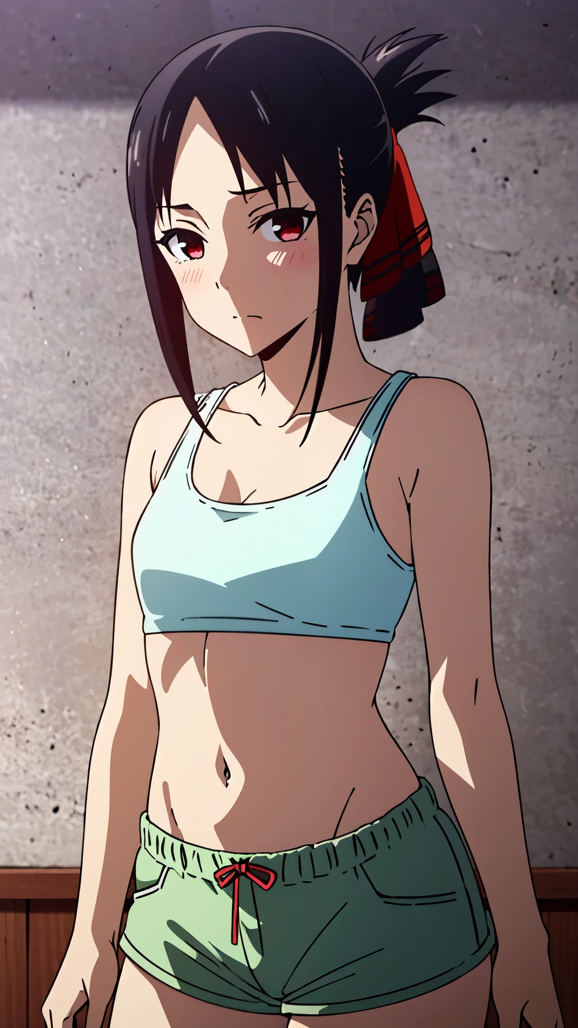 (highest quality:1.2), 8K resolution, (High resolution:1.2), 1 girl, embarrassed face, very fine eyes,small breasts、white skin,Clear blue sky,blush、(looking at the viewer)、model pose、cowboy shot、short hair、black hair、(highly detailed eyes)、(Tank top)、(shorts)、Navel、red ribbon,red eyes,red ribbon,hair ribbon,bangs,sidelocks,folded ponytail,black hair,parted bangs