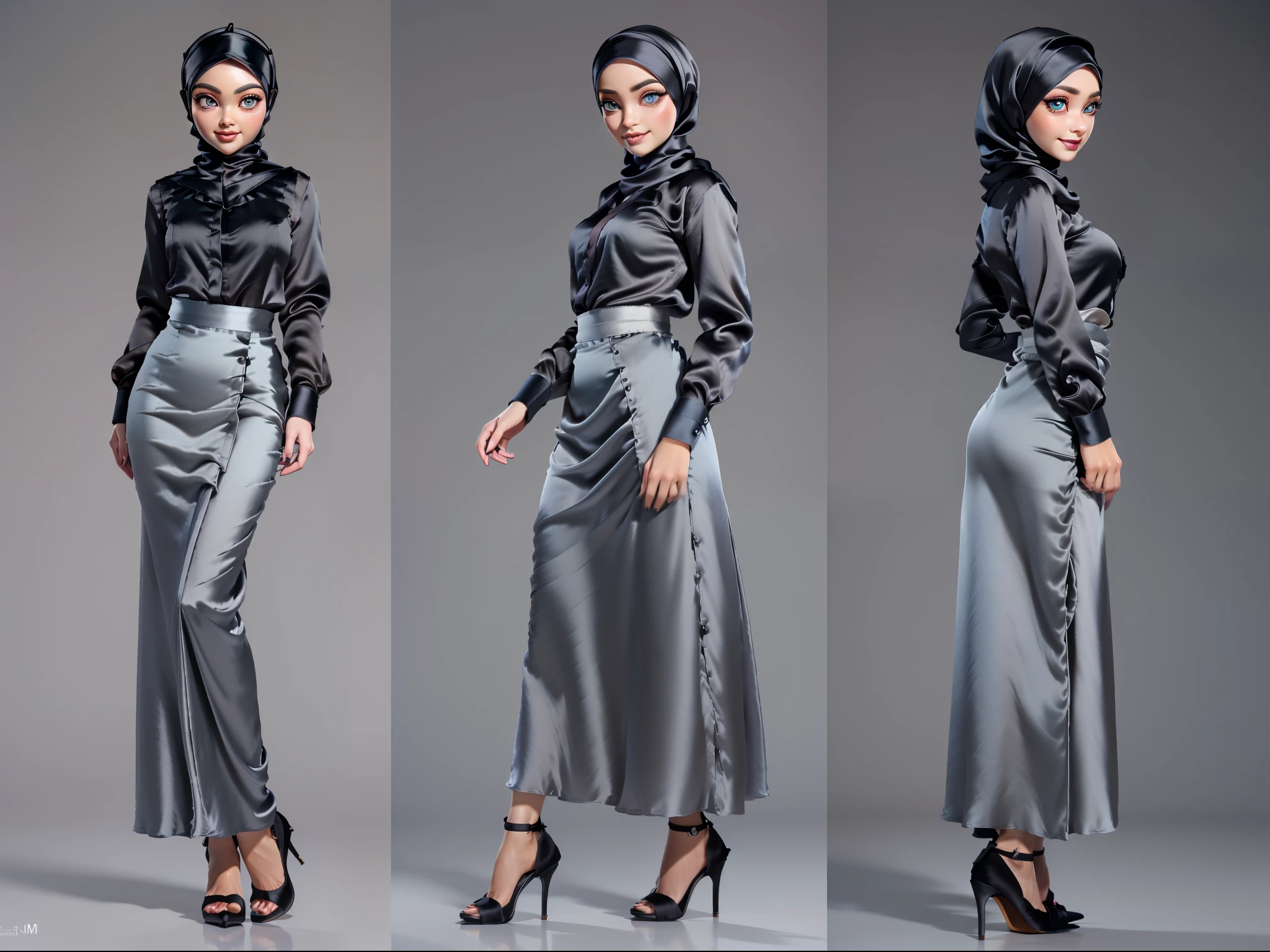 Character Design - a character design sheet of ((Masterpiece, best quality, photography, detailed skin, realistic, photo-realistic, 8k, highly detailed, full length frame, High detail RAW color art, diffused soft lighting, shallow depth of field, sharp focus, hyperrealism, cinematic lighting, hijab, a woman in a beautifully makeup, smokey eyeshadow, beautiful big eyes, long eye lashes, wearing (Dark blue satin hijab), loosely tide hijab style, ((gray satin shirt)), satin long maxi skirt, CDMM style, front, side and back views