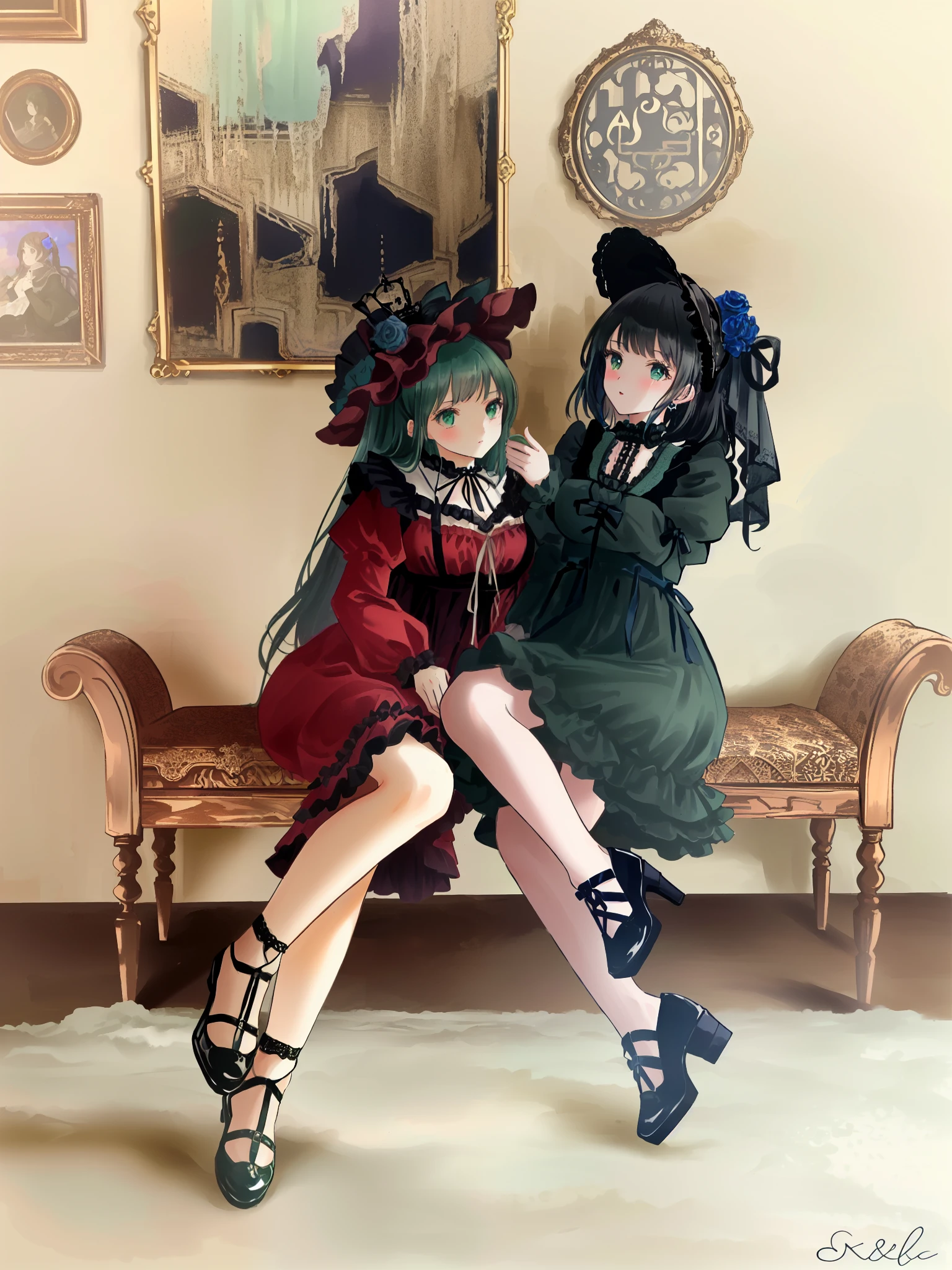 two women in victorian dress sitting on a bench in a room, victorian gothic lolita fashion, victorian inspired clothing, rococo ruffles dress, rococo dress, victorian style costume, lolita style, both wearing victorian clothes, lolita fashion, ( ( dark green, baroque dress, fantasy style clothing, with victorian clothing, in victorian aristocrat, victorian gothic, victorian style