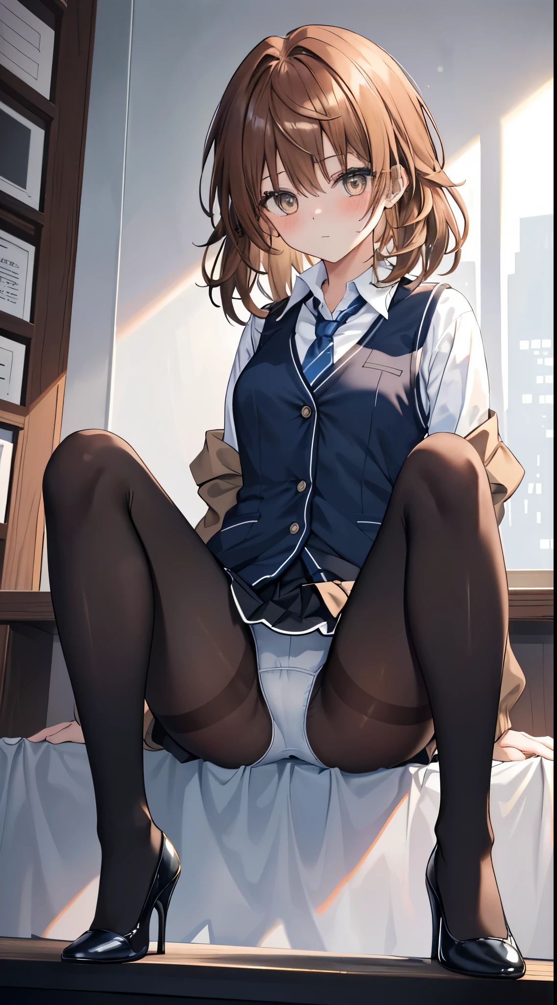 finest, masterpiece, High resolution, (Full body view from head to toe), front, frontやや下からの構図, Symmetrical, 18 year old girl, alone, (whole body from head to toe), small breasts, brown hair, slightly messy hair, long hair, bangs, (black tights), ( (black pantyhose), black pantyhose, (squating pose), (bondage), (spread legs), (tie one's hands behind one's back), (Her legs are spread and her white panties are visible between her legs.), composition show me your white panties, slender beautiful legs, とても美しい18 year old girl, (navy high heels), blush, shy big eyes, messy hair, looking at camera, show me your white panties, Hide your arms behind your back, dark blue office lady uniform, Dark blue pencil skirt, navy blue vest, beige cardigan