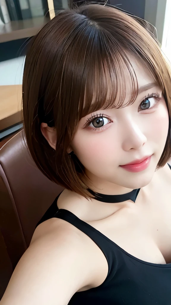 (8K, RAW photo:1.2),detailed face and eyes,最high quality, ultra high resolution, very detailed ,intricate details ,table top ,pretty girl , soft light like a movie, hyper detail,sharp focus, high quality,chest comes out,bob cut,brown hair,NSFW, smile, zettai ryouiki, skirt, sit on a chair, spread your legs