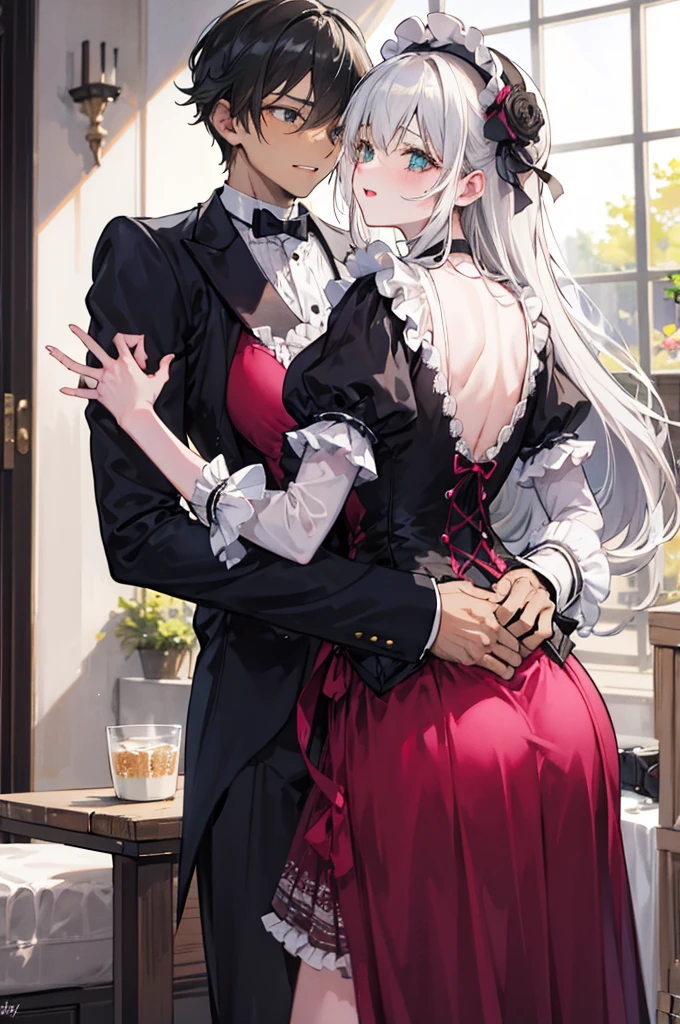 a man，a woman，a couple，heterosexuality，victorian style skirt，making love，