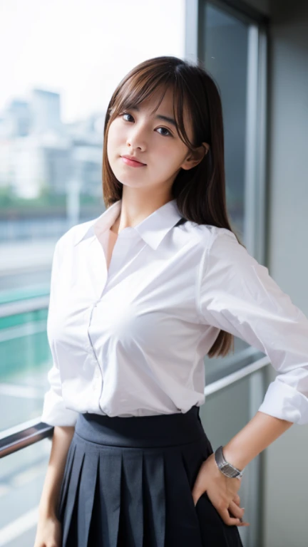 (highest quality, 8K, 32K, masterpiece, UHD:1.2)japanese woman,cool woman,white shirt,black skirt,large breast bulge,high school student,high school uniform