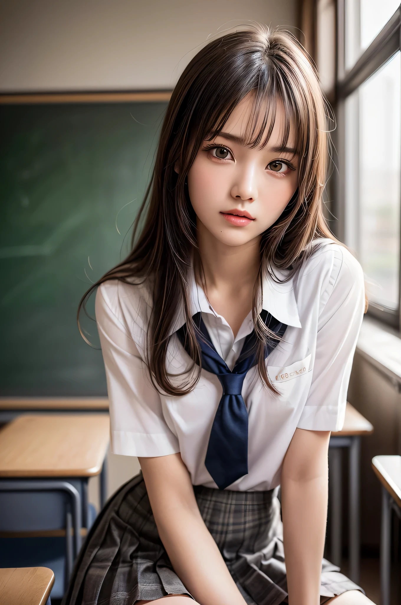 (1girl), (sexy look:1.5), (flat chest:1.3), (Highly detailed eyes, Highly detailed face), (Hyper-realistic, hight resolution), (Best Quality:1.4), (hyper quality), Authentic skin texture, Raw photo, (Realistic, Photorealsitic:1.37), highly detailed, Professional Photography, (school uniform, pleated skirt:1.3), (Staring at me), (School, classroom), 