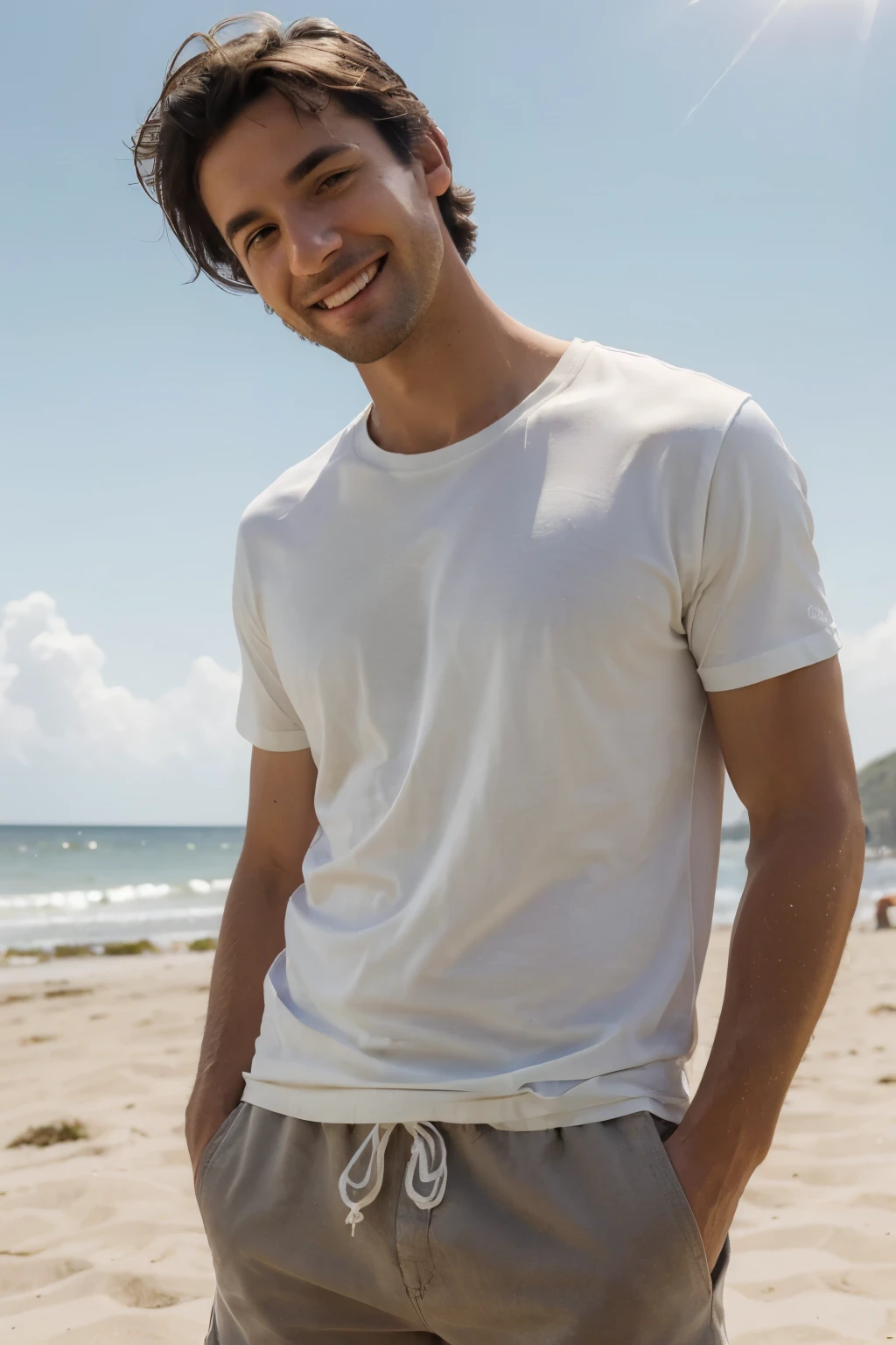 ((best quality)), ((masterpiece)), ((high res)), ((perfect photograph)), ((realistic)), (perfect face), goofy looking man, wearing a straight white shirt, in the sun, light shining on shirt, no wrinkles on shirt, standing on the beach facing the camera, short hair, dark hair, scruffy dark facial hair, smiling, skinny, tall, wearing shorts, happy, sunny day