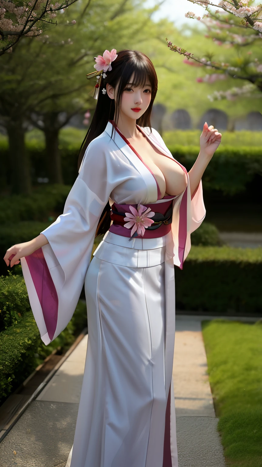 A girls big boobs make a transparent kimono nude on the sakura garden realistic