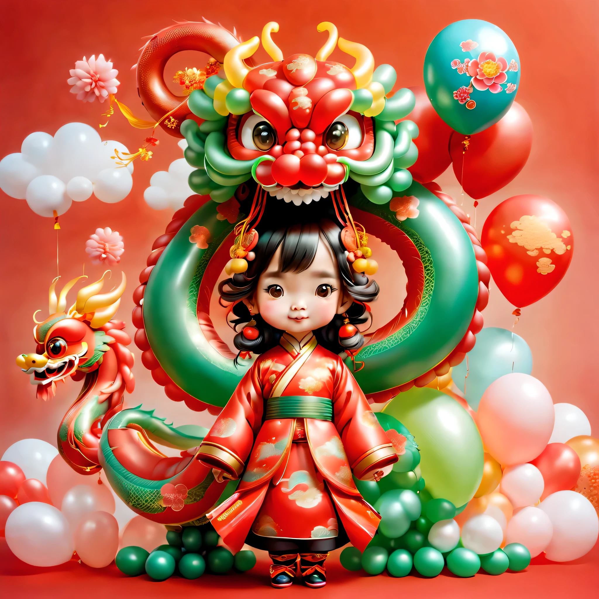 ((1 cute and festive Chinese dragon made of balloons and a little girl made of balloons, wearing traditional Chinese clothes made of balloons, Spring Festival, firecrackers, auspicious clouds, red background)), Cute and detailed digital art, lovely digital painting, Cute balloon penguin, Lovely detailed artwork, ((Cute vector illustration)), digital painting very detailed, Cute and colorful, adolable, Highly detailed digital artwork, Detailed and colorful