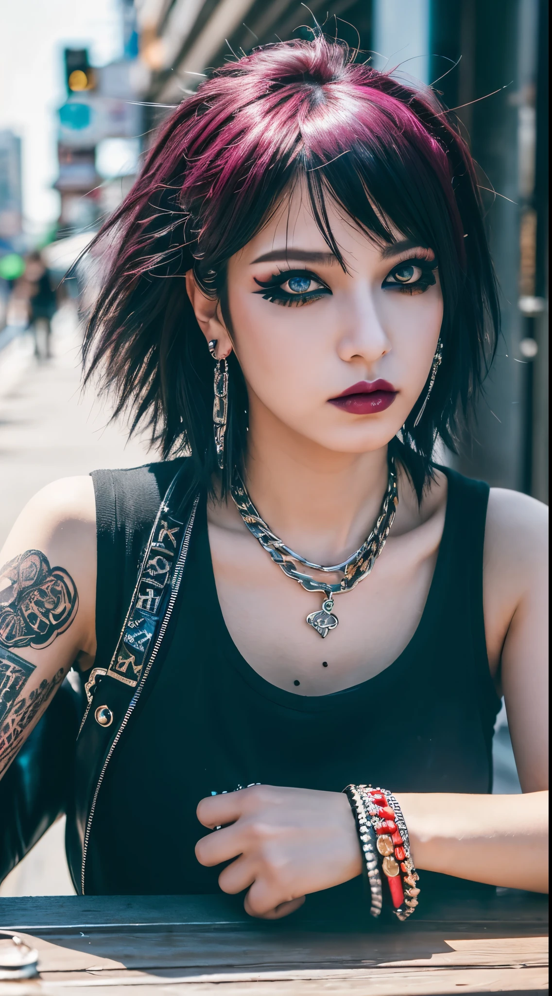 "(highest quality, 8K, 32K, table top:1.3), super detailed, (realistic:1.4), punk girl, fine eyes, Upper body, Luxurious punk hair, Edgy punk fashion, Avant-garde makeup, Numerous piercings, street background, Backlight effect, shallow depth of field, blurred background"