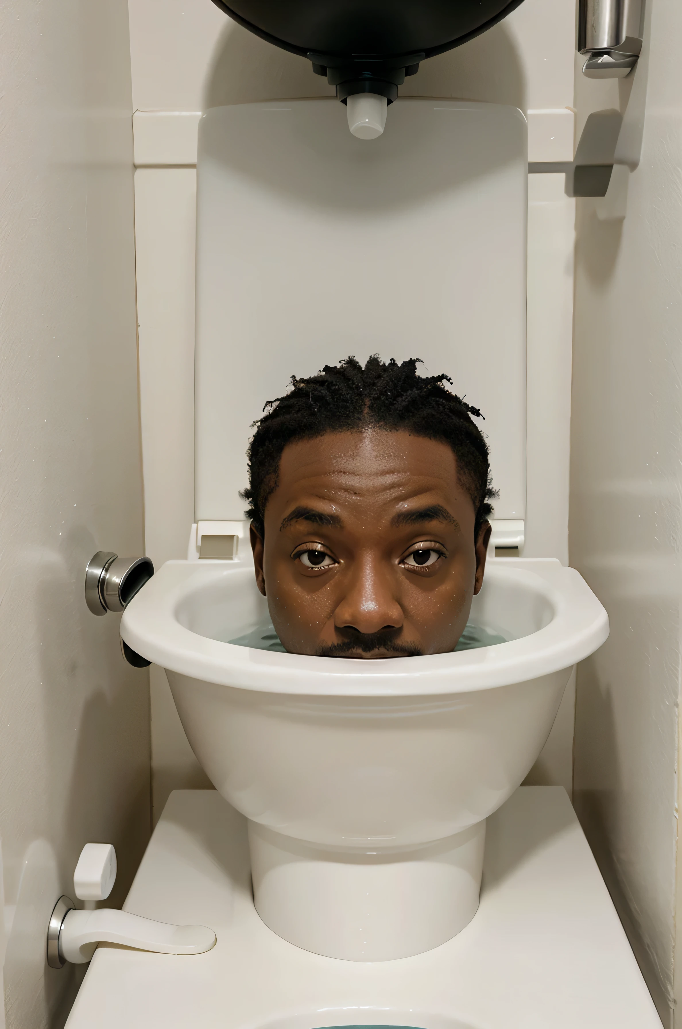 skibidi toilet with black rick head sticking out of the toilet water with other skibidi