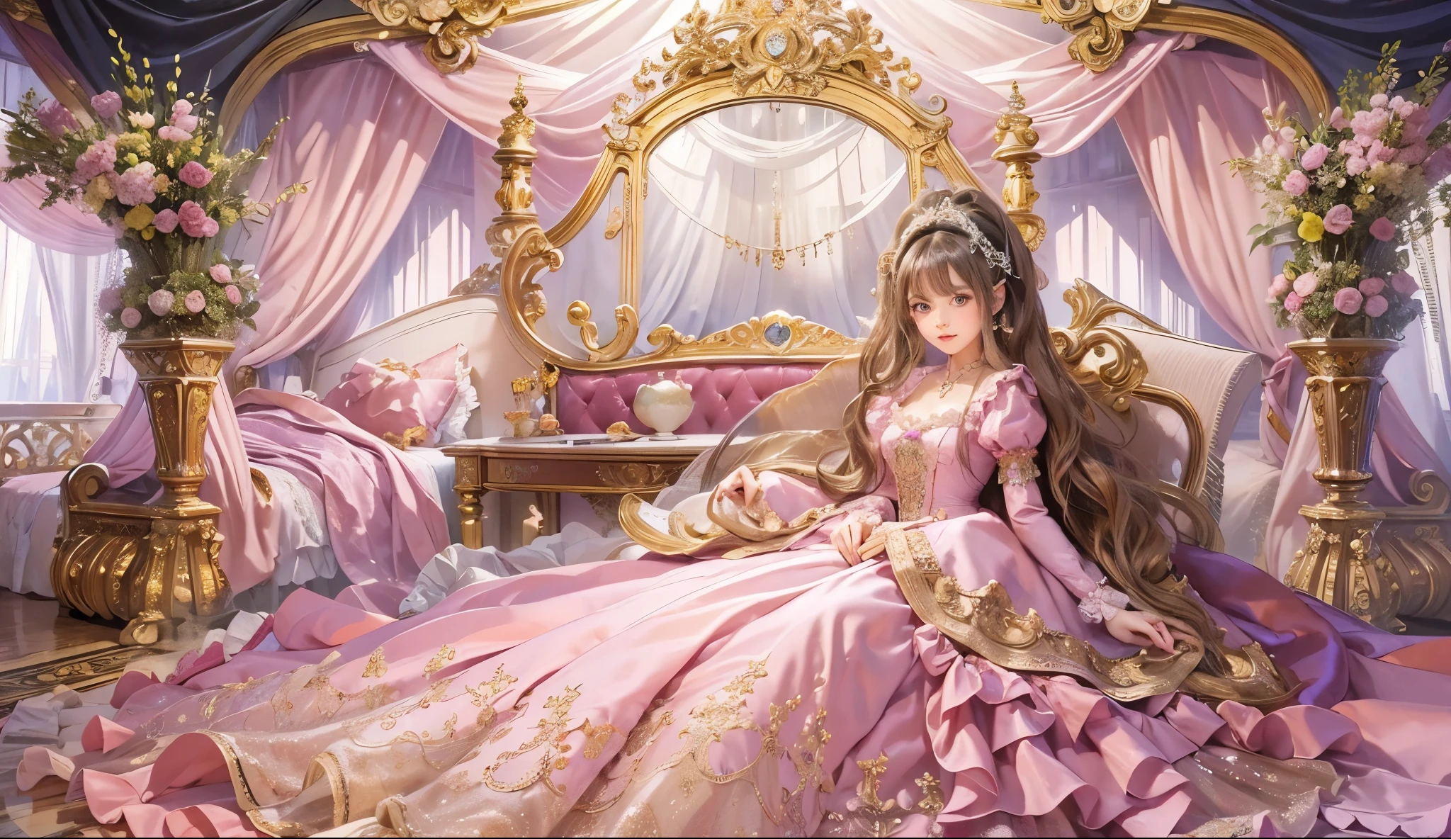 highest quality, masterpiece, highest resolution, artwork, super それにget used to it, many get used to it, get used to it, それにget used to it, romantic,woman, (()),the girl is a princess,((dark pink satin fabric)),pink victorian dress, ((Gorgeous princess rococo ball gown dress with voluminous full-length hoop skirt)),long sleeve,long dress,A dress with lots of frills and ribbons...,luxury,((Palace bedroom)),((Huge Victorian canopy bed at the back)),
