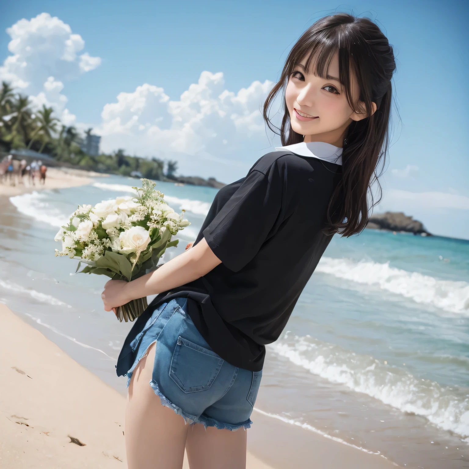 on the table, best quality, illustration, Super detailed, fine details, high resolution, 8k wallpaper, Perfect dynamic composition, Beautiful and delicate eyes,whole body摄影,show your whole body、collared shirt、long gray hair, Bold sexy pose,Smile,Harajuku、20 year old girl、huge :1.5、Look at the sexy shots of the camera, whole body, Rear view、Holding a bouquet of flowers、standing at the beach、from below、Put your hands behind your back