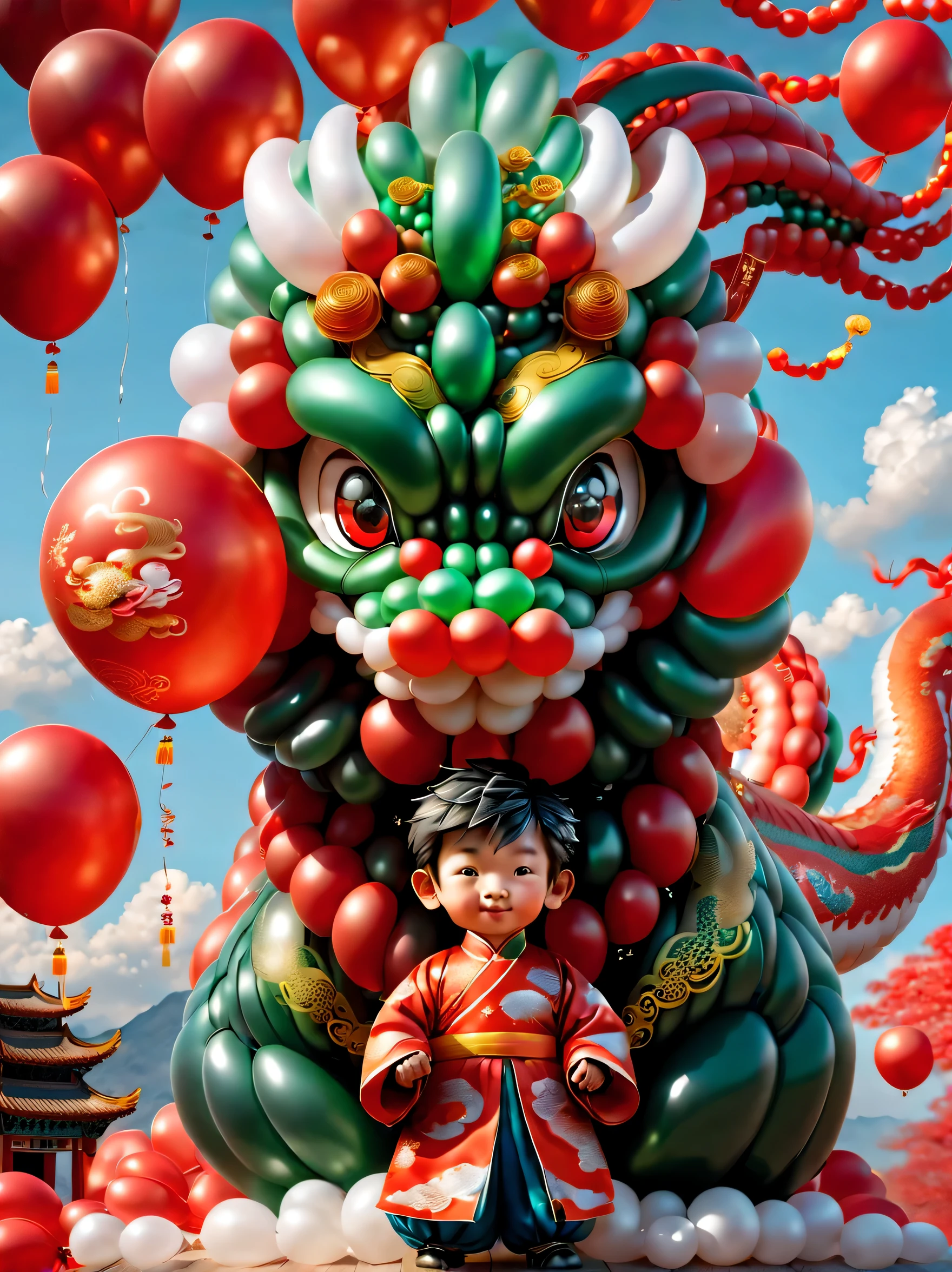 ((1 cute and festive Chinese dragon made of balloons and a little boy made of balloons, wearing traditional Chinese clothes made of balloons, Spring Festival, firecrackers, auspicious clouds, red background)), Cute and detailed digital art, lovely digital painting, Cute balloon penguin, Lovely detailed artwork, ((Cute vector illustration)), digital painting very detailed, Cute and colorful, adolable, Highly detailed digital artwork, Detailed and colorful