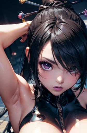 lulu, Anime girl with black hair and  hair accessories, ahegao, artwork in the style of guweiz, photorealistic anime girl render, photorealistic anime, Realistic Anime, anime. gentle lighting, soft full body shot 8 k, realistic anime artstyle, 3 d anime realistic, 8k artistic nose bokeh, anime realism style, kawaii realistic portrait, Beautiful anime portraits、((black bodysuit with breasts and genitals exposed)), Wear gothic style accessories......, completely nude, Lying on Your Back, head on the floor,ahegao face,Sweat,exhausted, weak,weak face  （（（spread legs： 1.8）），, ((completely nude)), ((breasts and areolas exposed)), ((vagina and clitoris and vulva exposed)), Correct limbs，Perfect limbs, Lie down on the floor.. Both arms above head