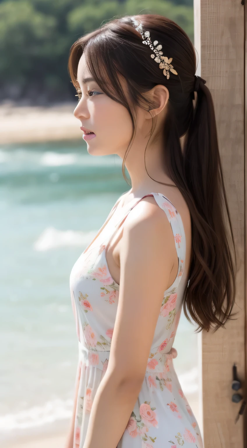 A girl in the beach wearing flowery dress, sideview picture