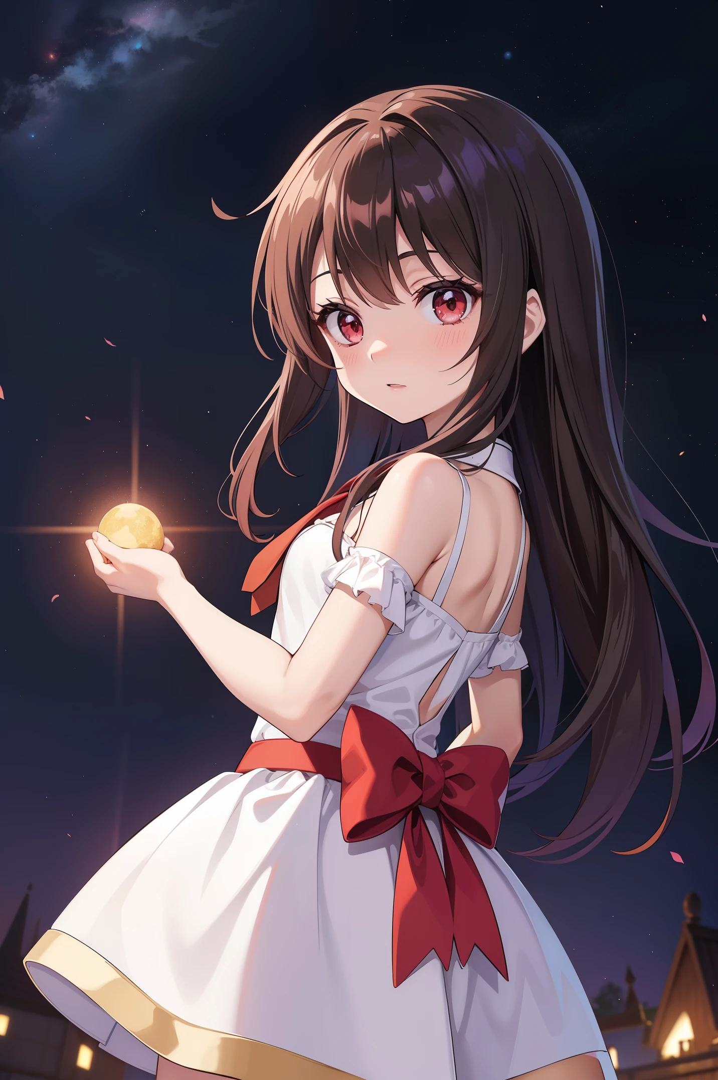 1 garota (Megumin) em、Cabelo castanho curto 、red eyes、Drawn from a specific angle、Looking at the camera、dedo delicado、beautiful lighting、fofinho pink and white dress、fofinho、Plano de fundo com Stars shine in the night sky(High resolution of the highest quality)、((Obras-primas da mais alta qualidade:1.2))
