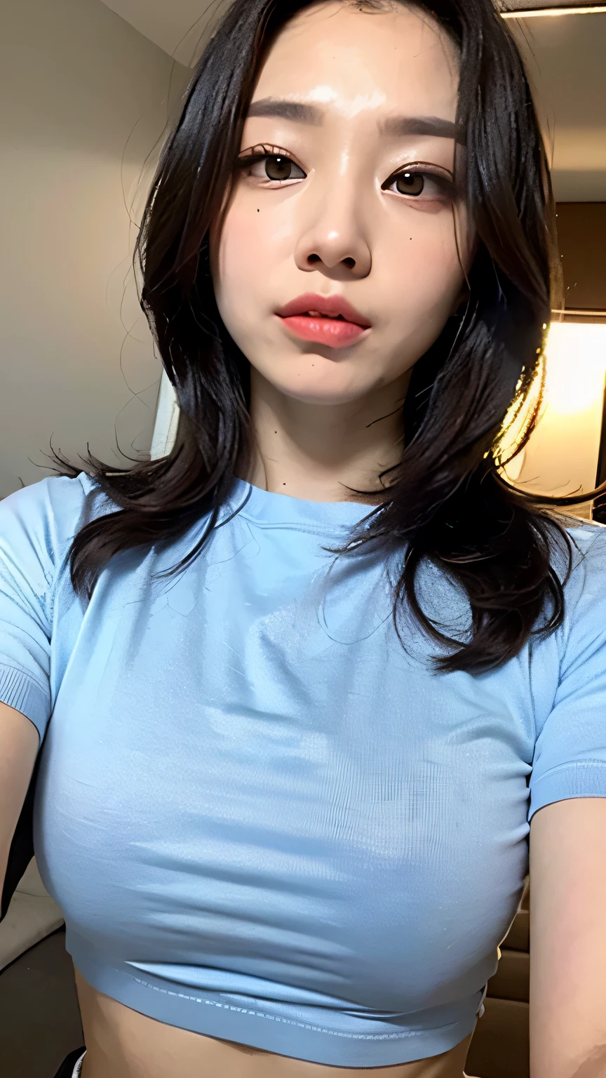 (Best Quality, 8K, 32K, Masterpiece, Ultra HD: 1.3), (K-Pop Idol: 1.3), 1 Girl, (Big: 1.2), (Long Hair), Abs, Perfect Figure, Ultra Fine Face, Delicate Lips, Beautiful Eyes Double Eyelids, sweat, thin t shirt, beach, bright blue sky, navel, medium breast, short hair, Lighting on the face