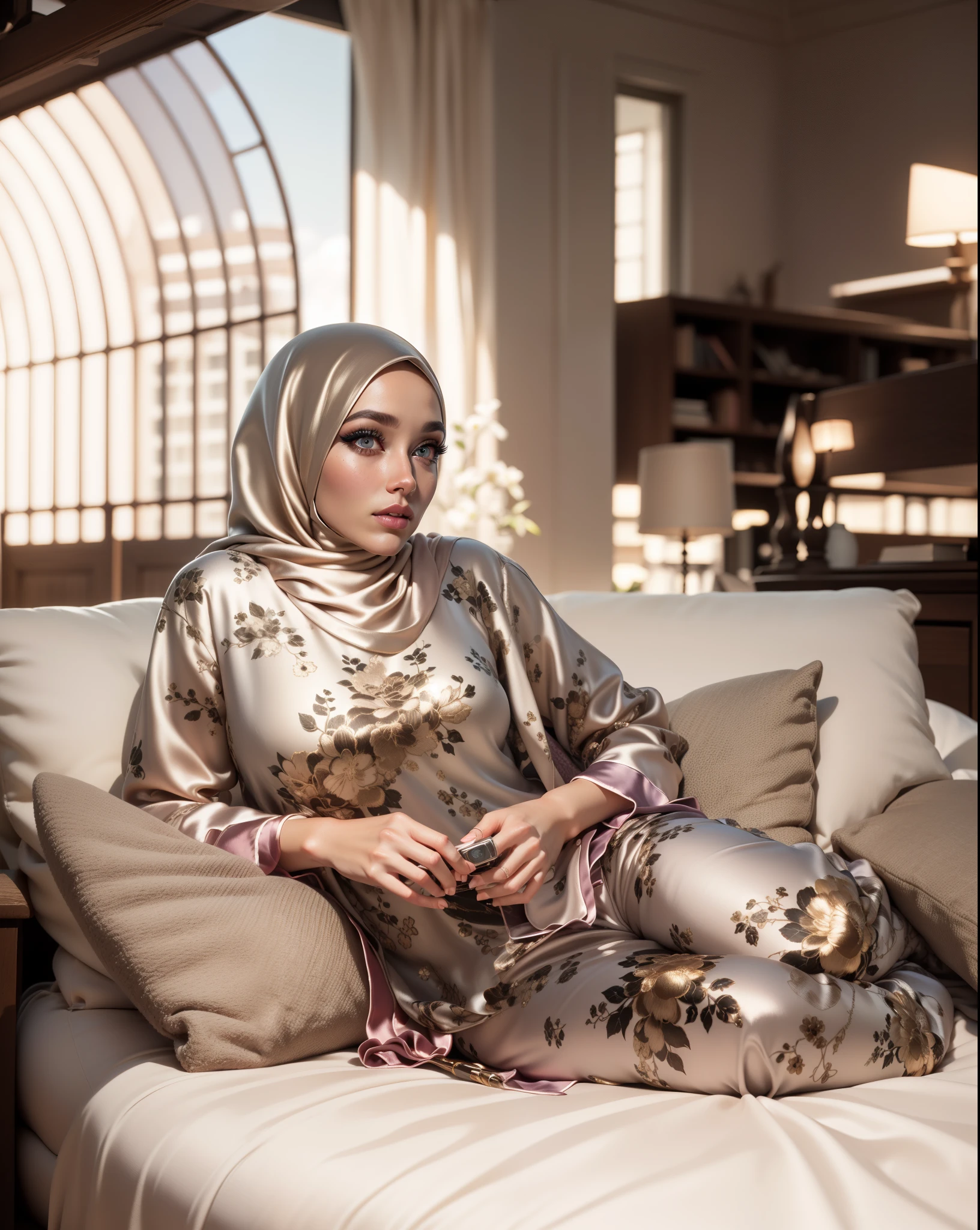 3DMM, ((Masterpiece, best quality, photography, detailed skin, realistic, photo-realistic, 8k, highly detailed, full length frame, High detail RAW color art, diffused soft lighting, shallow depth of field, sharp focus, hyperrealism, cinematic lighting, hijab, a woman in a beautifully makeup, smokey eyeshadow, beautiful big eyes, long eye lashes, wearing (𝚠𝚑𝚒𝚝𝚎 satin hijab), loosely tide hijab style, ((Taupe satin pyjamas)),